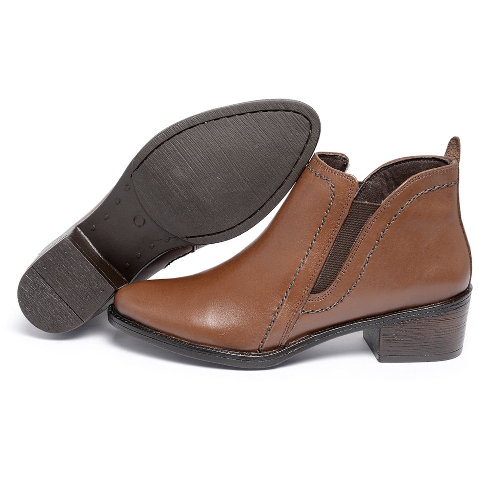 Vista 2 Bota Cano Curto Feminina Ferrile em Couro Salto Bloco Elástico Café Ferrile marrom