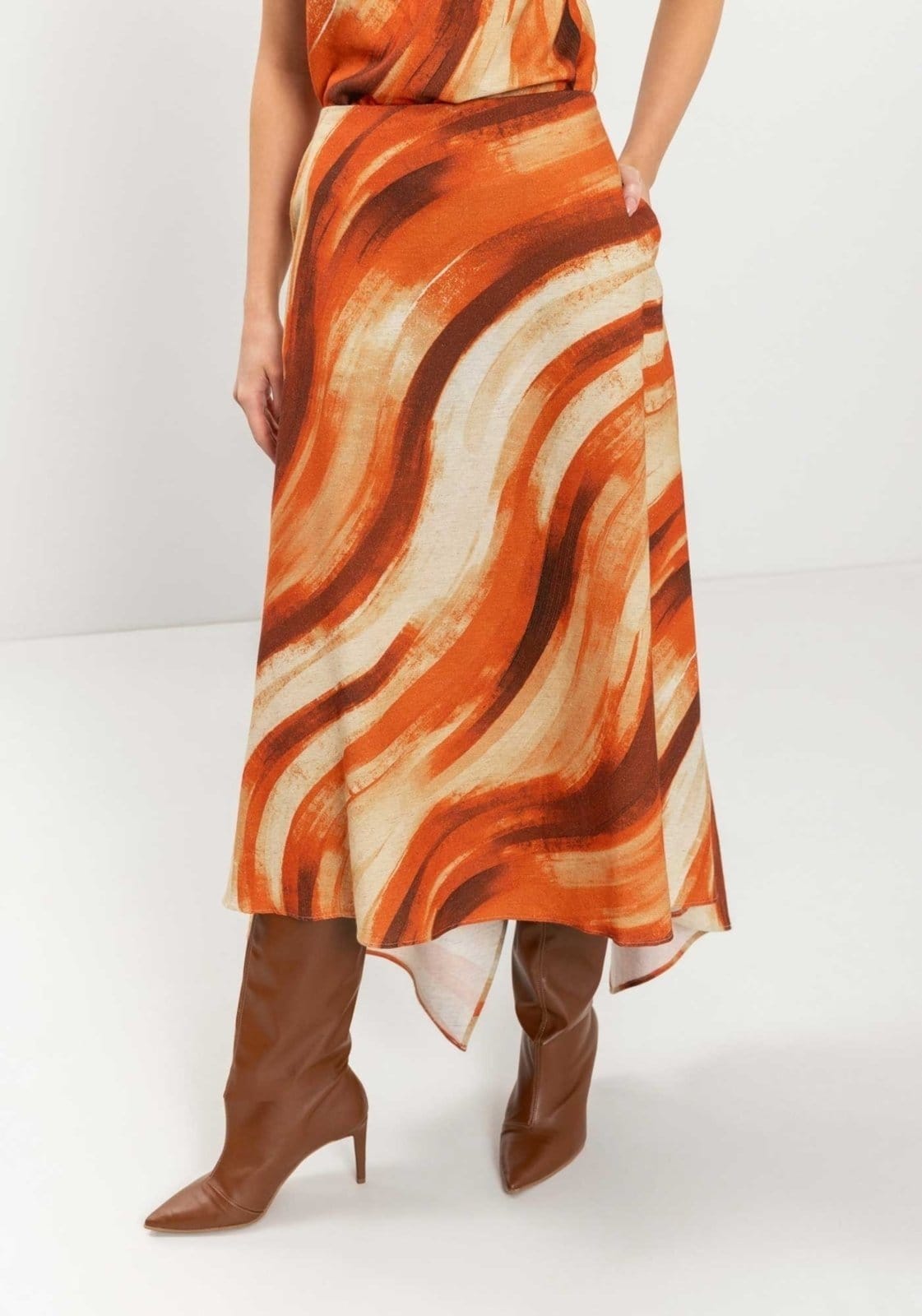 Vista 2 Saia Midi Com Cintura Alta E Bolsos Embutidos Tecido Plano Lez a Lez laranja