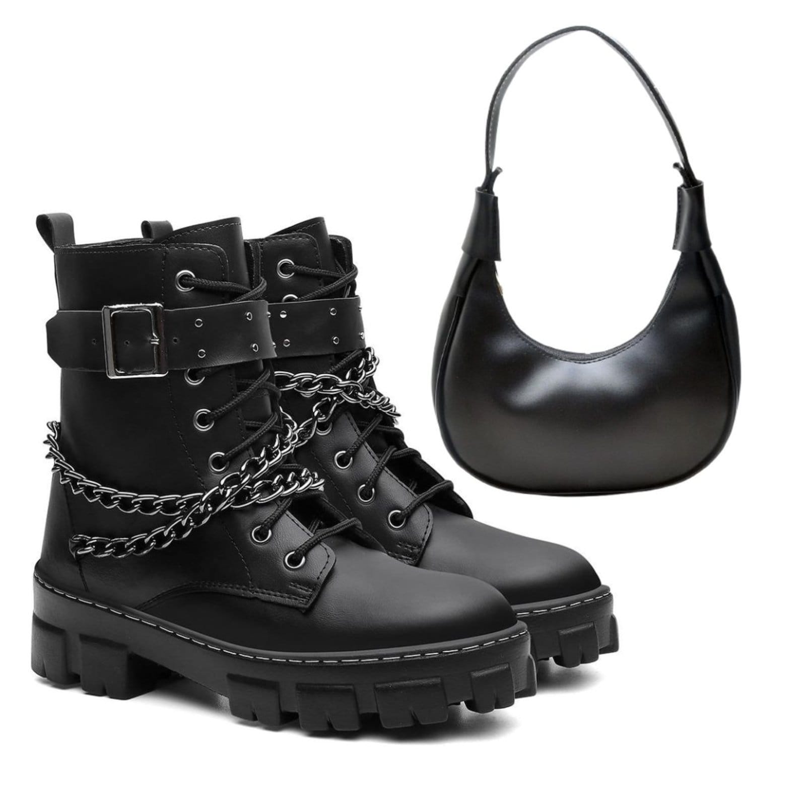 Kit Bota Feminina Coturno Anna Andrade Tratorado Casual Cano Baixo Corrente Tendência e Bolsa