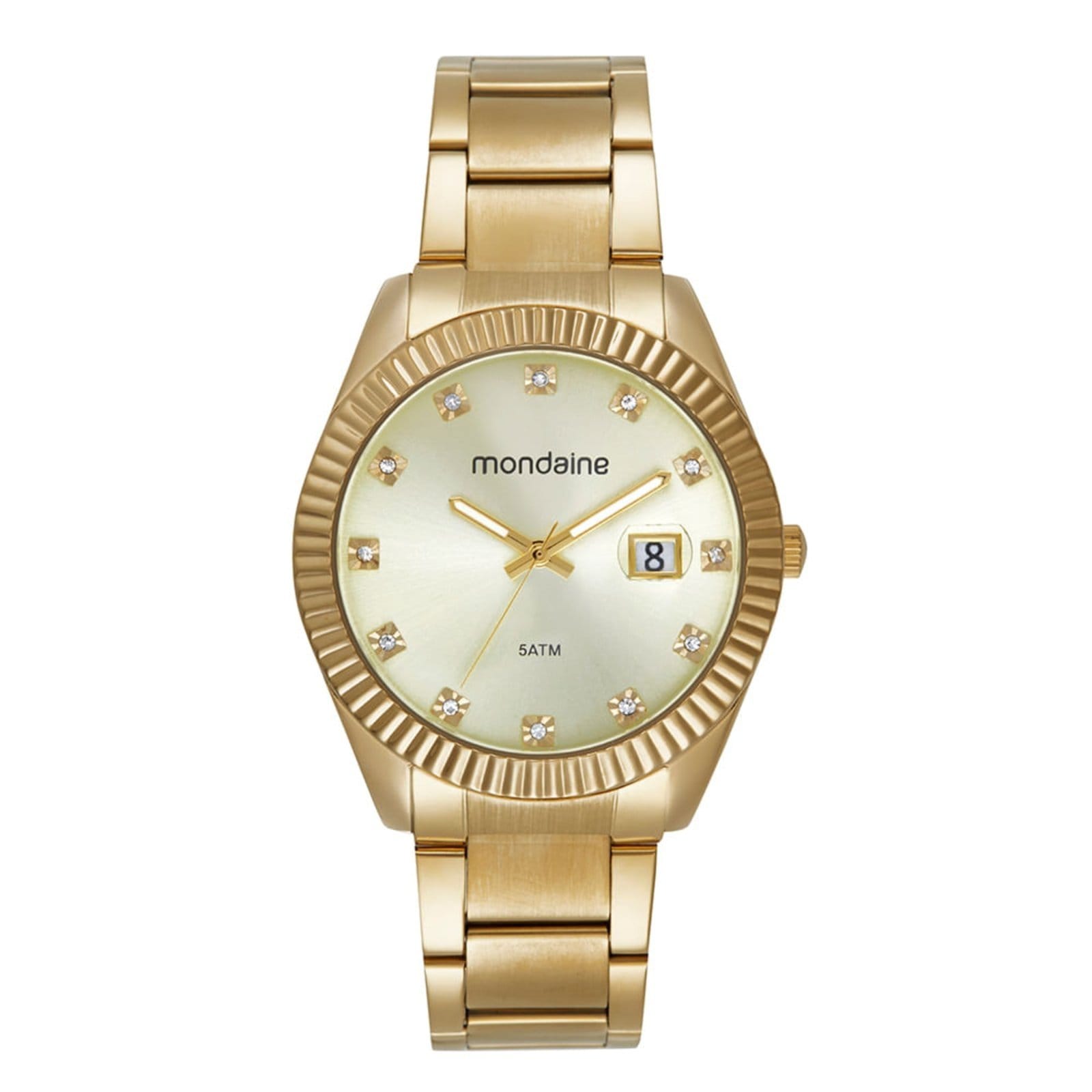 Vista principal Relógio Feminino Cristais Lupa Para Calendário Mondaine dourado