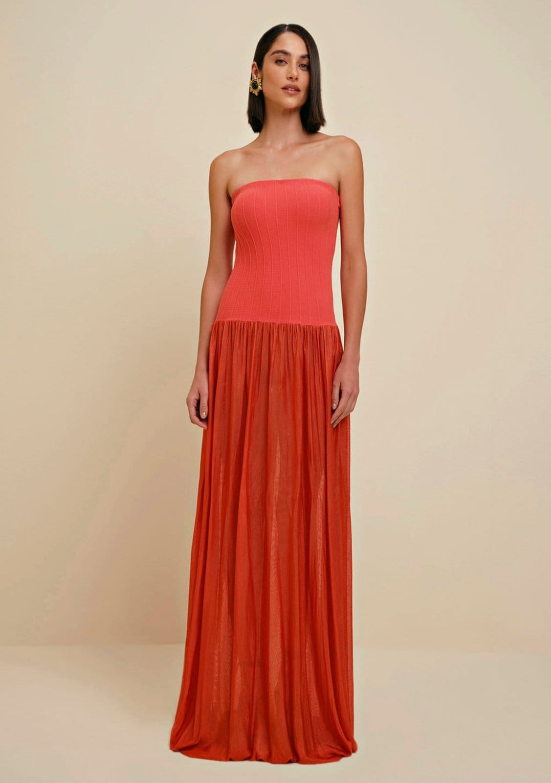 Vestido Morena Rosa Longo Decote Reto Tricot Laranja - 2