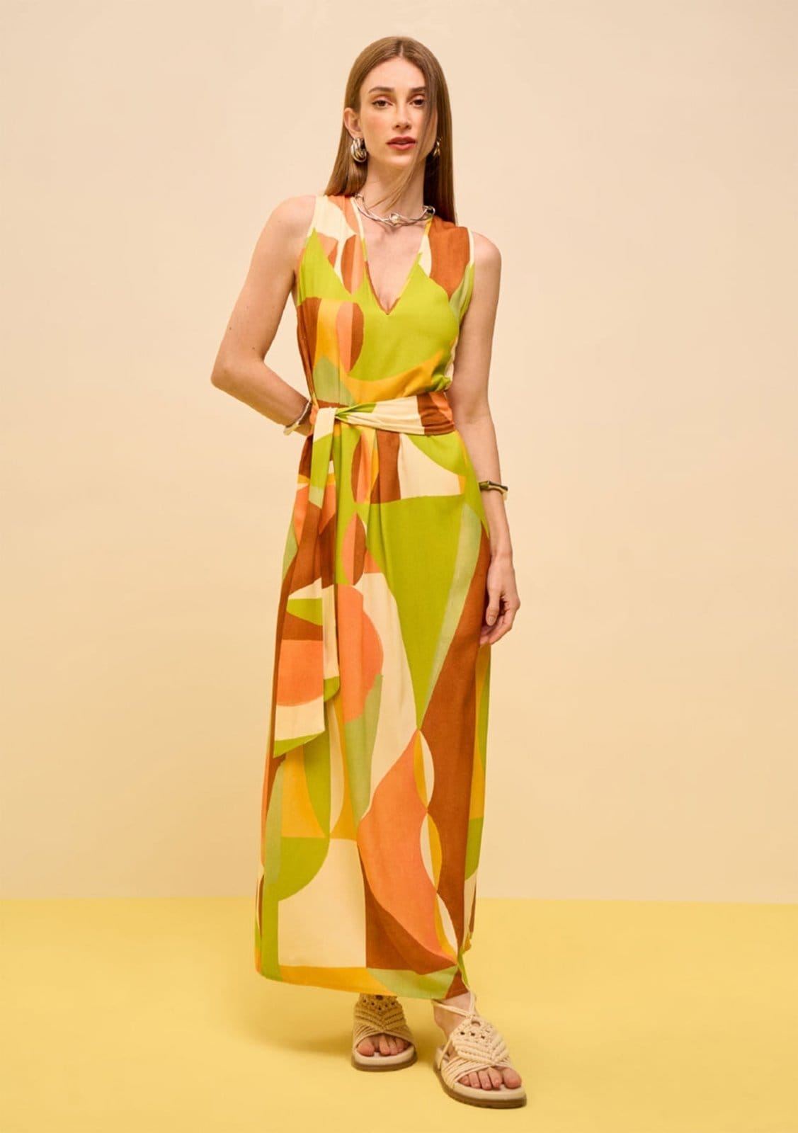 Vestido Zinco Solto Decote V Sem Manga Longo