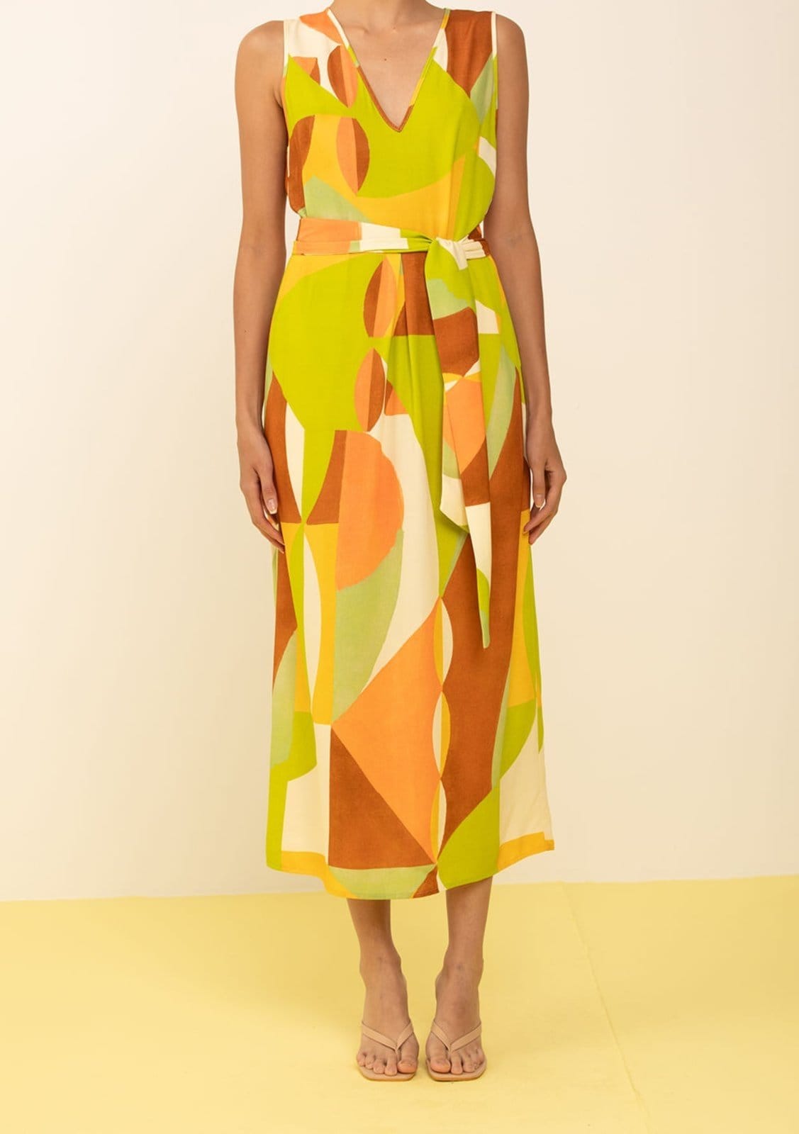 Vista 2 Vestido Zinco Solto Decote V Sem Manga Longo Zinco verde