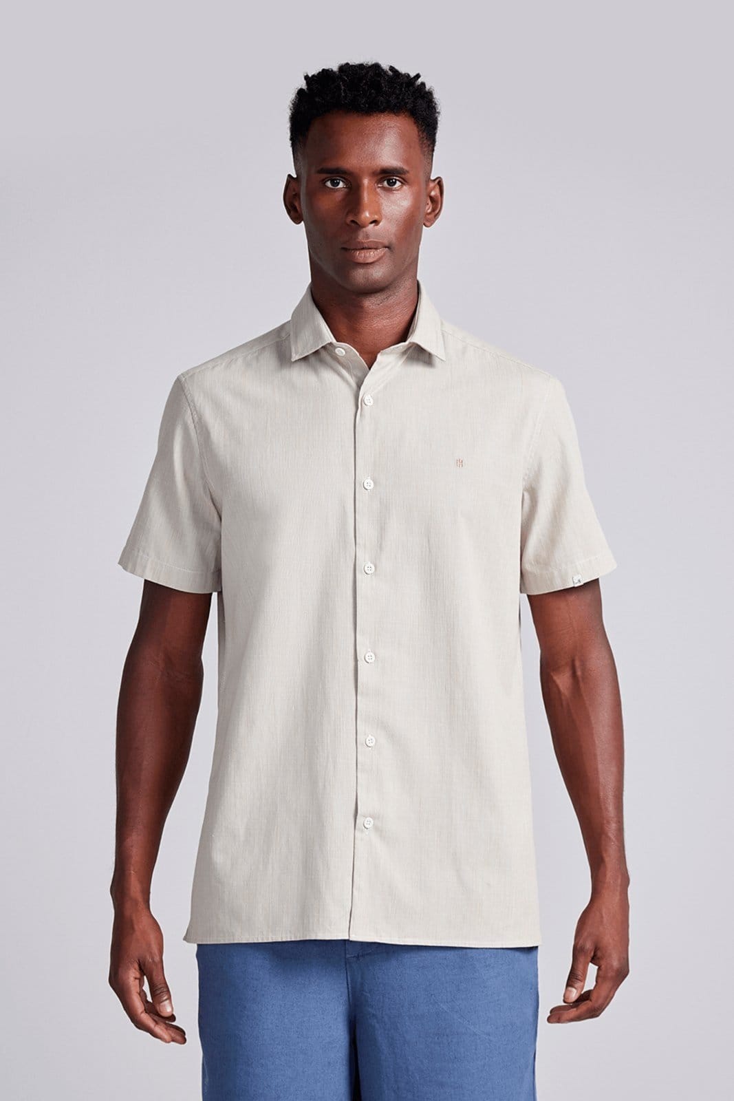 HIGHSTIL Camisa Manga Curta Lisa Slub Slim Fit Areia