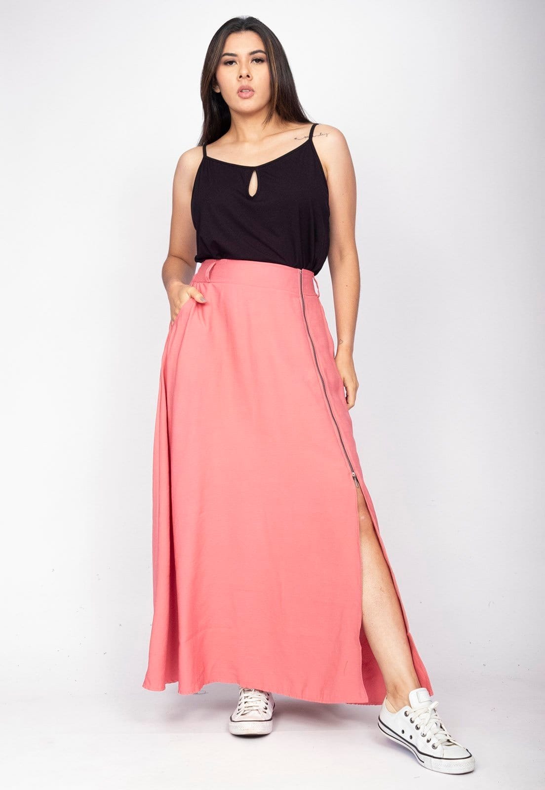 Vista 2 Saia Midi CabanaFree com Zíper Cabanafree rosa