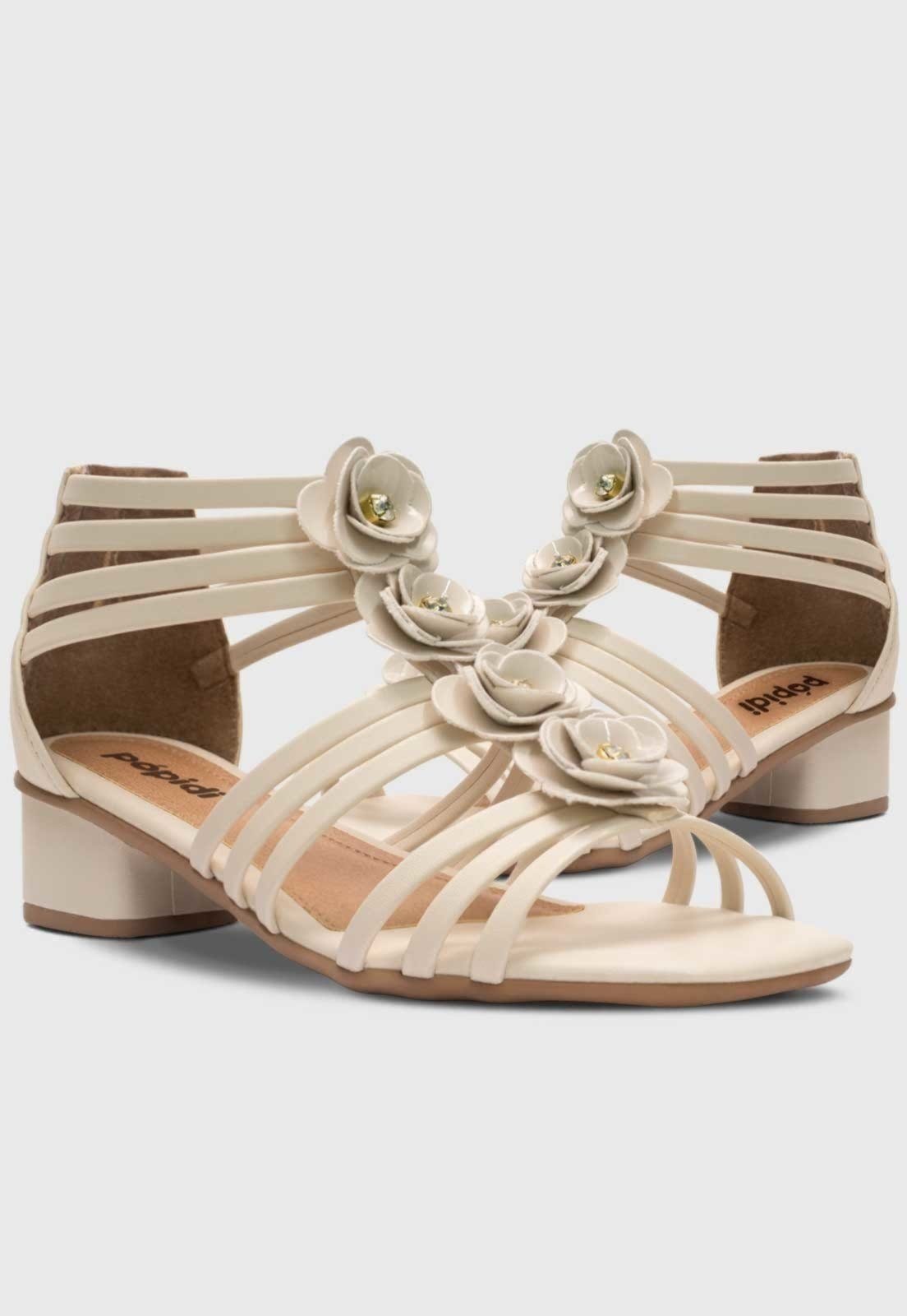 Vista 2 Infantil - Sandália Gladiadora Menina Moda Flores Salto Grosso Pópidí off-white