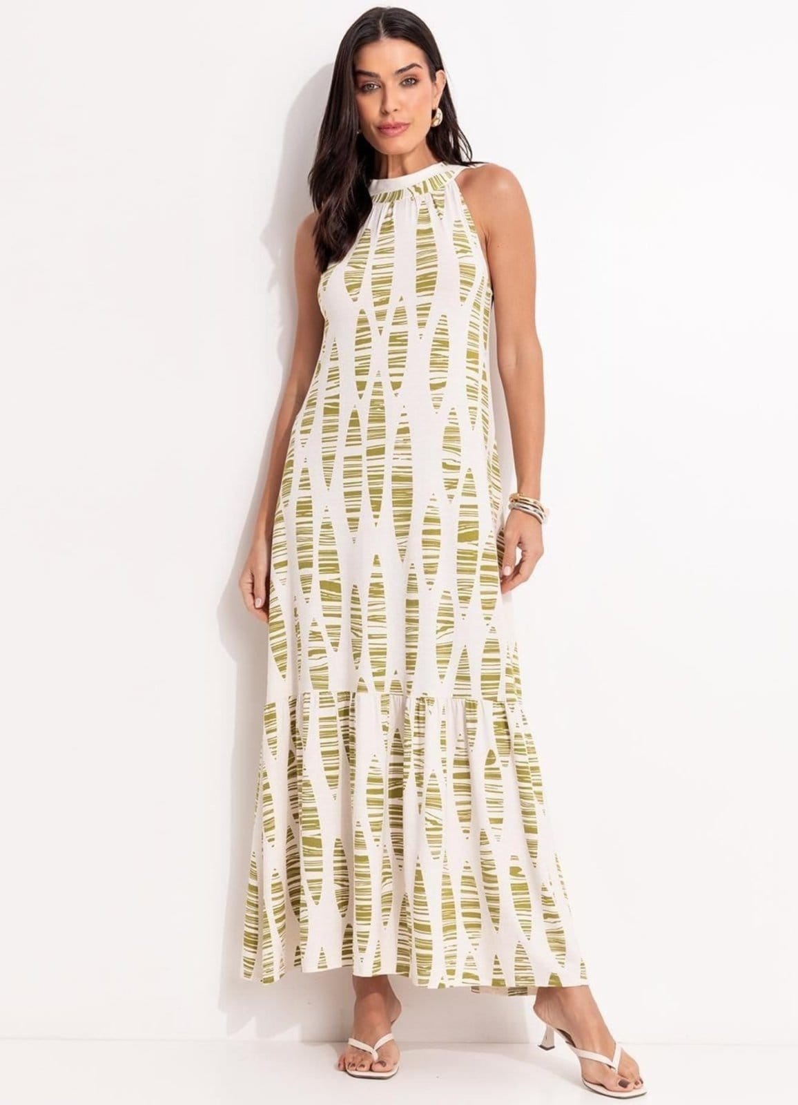 Vestido Em Malha De Viscose Folhas Listradas