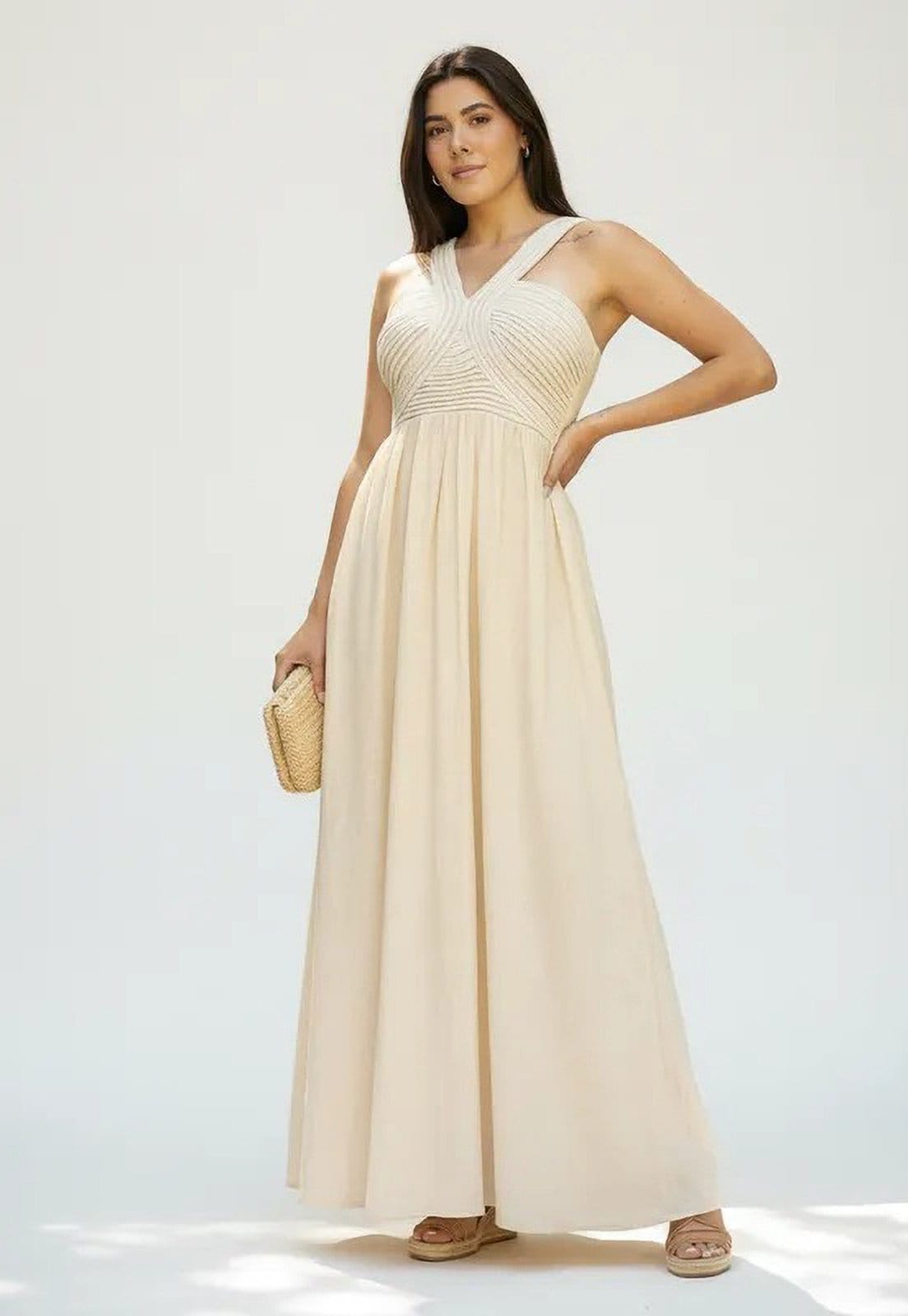 Vista principal Vestido CabanaFree Alvorada Longo Areia Dourada Cabanafree bege