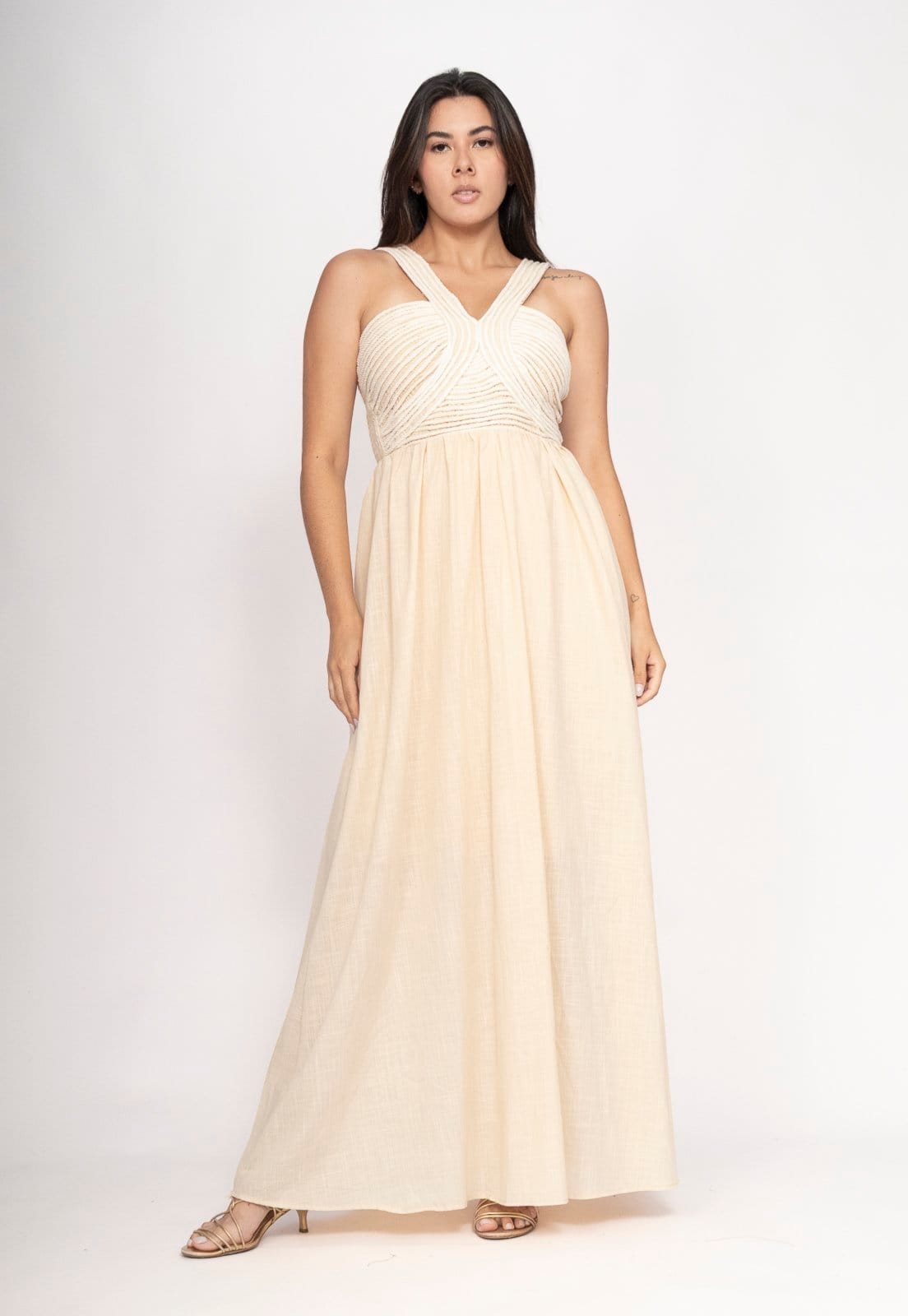 Vista 2 Vestido CabanaFree Alvorada Longo Areia Dourada Cabanafree bege