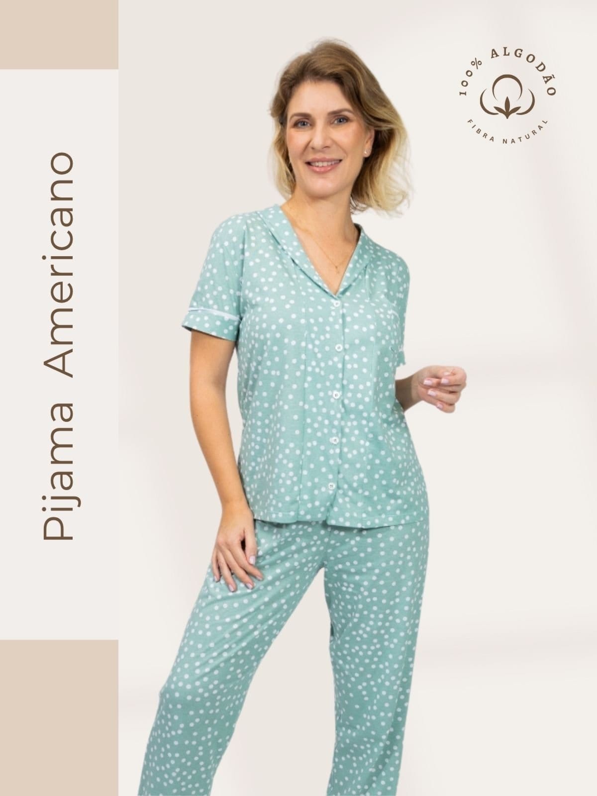 Vista principal Pijama Algodão Americano Feminino Camisa Manga Curta e Calça Joana Poá Piante verde