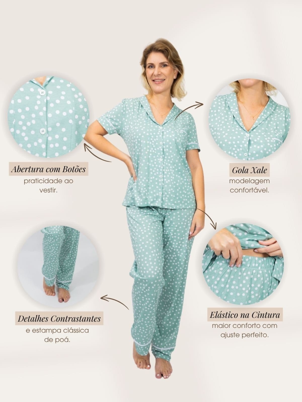 Vista 2 Pijama Algodão Americano Feminino Camisa Manga Curta e Calça Joana Poá Piante verde