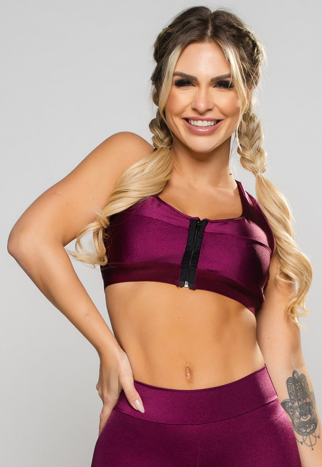 Vista principal Top MVB Modas Zipper Nadador Poliamida Brilhosa Feminino Fitness Mvb Modas vinho