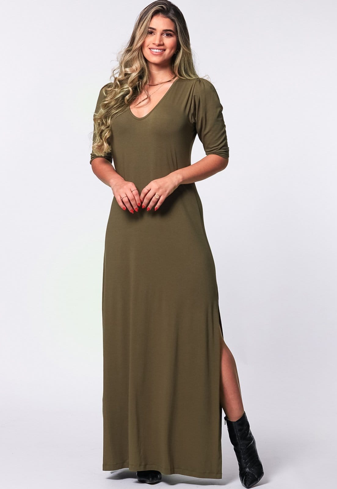 Vestido Longo Fenda Lateral B’Bonnie Tiana Militar