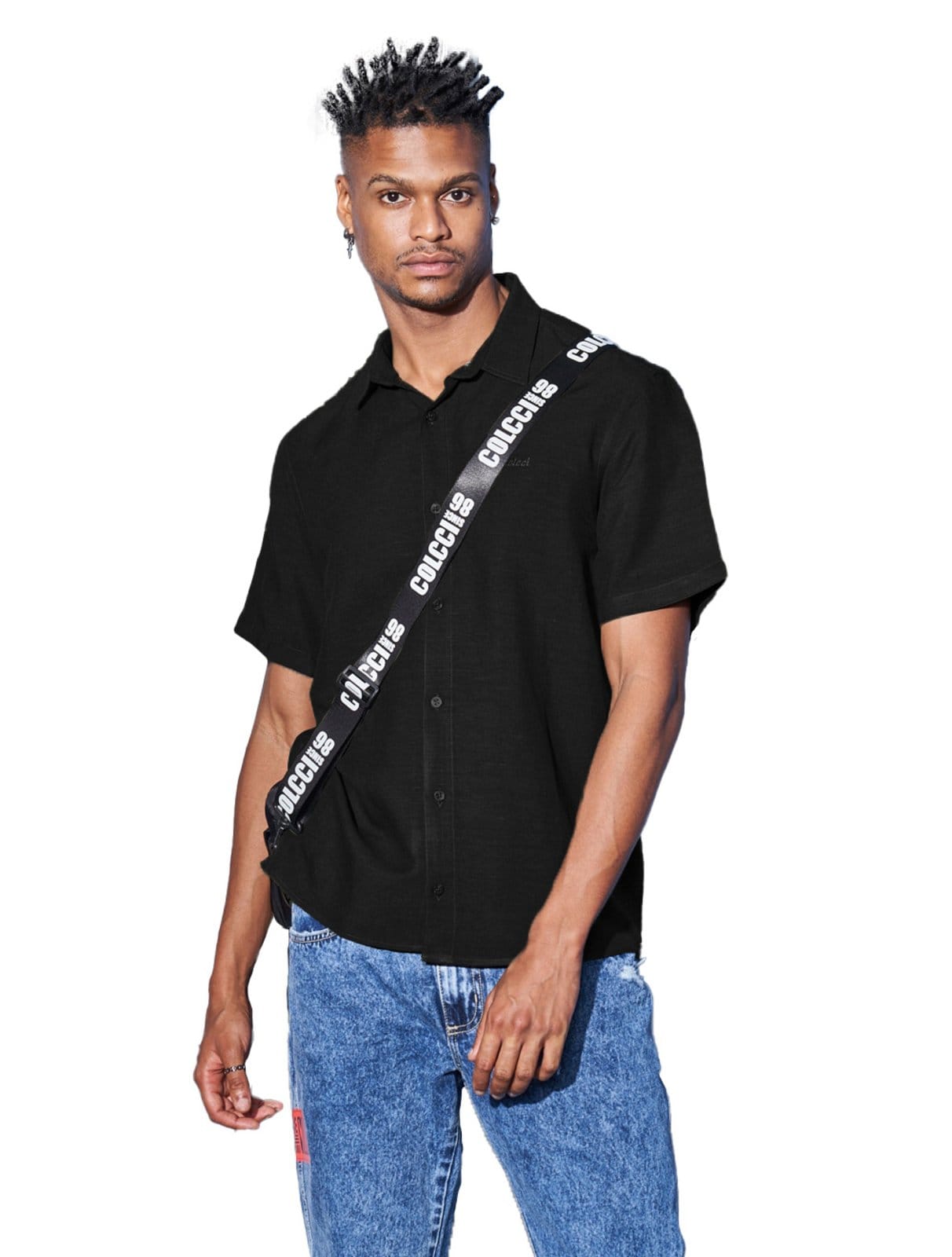 Camisa Colcci Masculina Manga Curta Linho Relax Preta