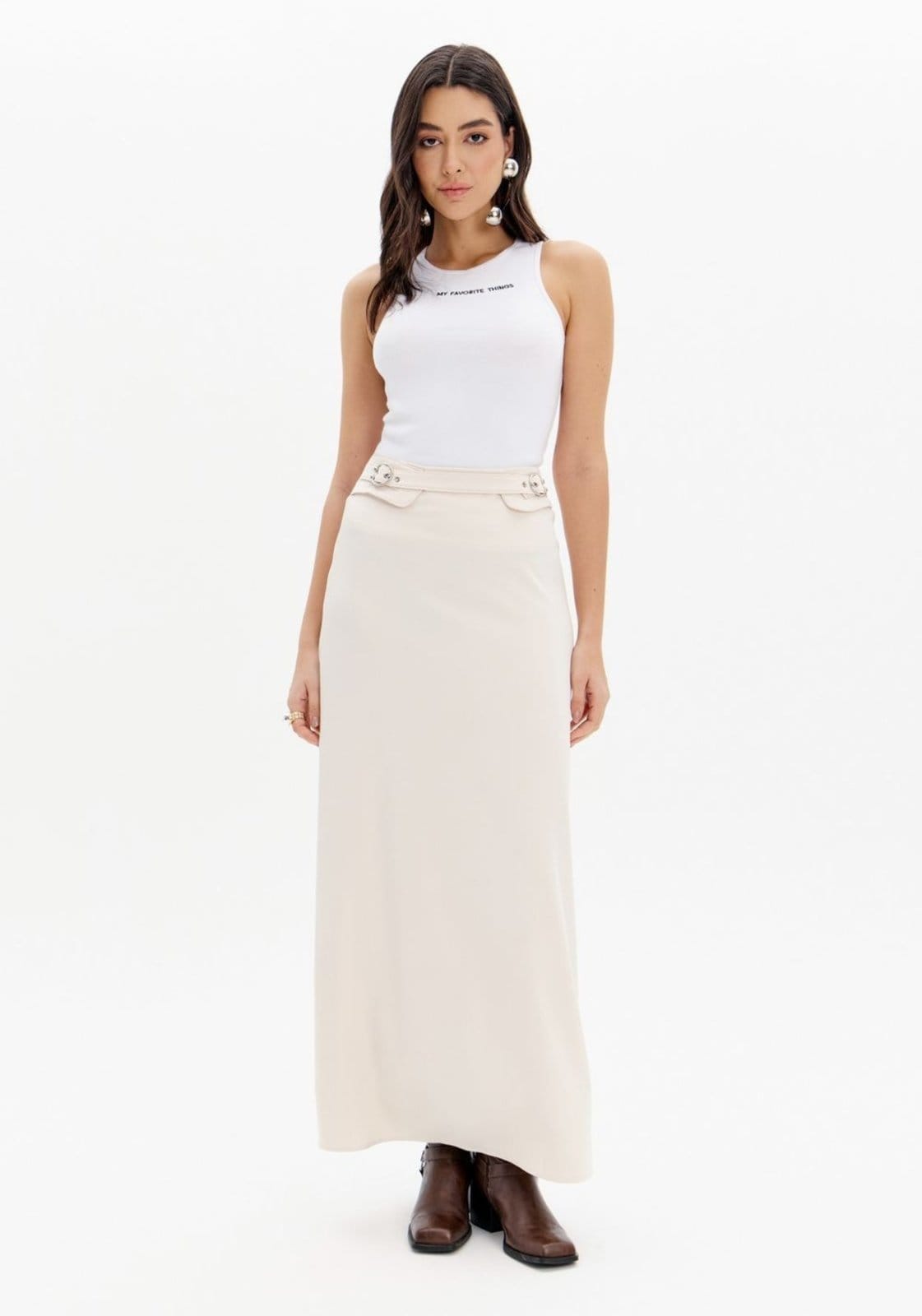 Vista principal Saia Super Midi Evasê Com Fivelas My Favorite Things preto