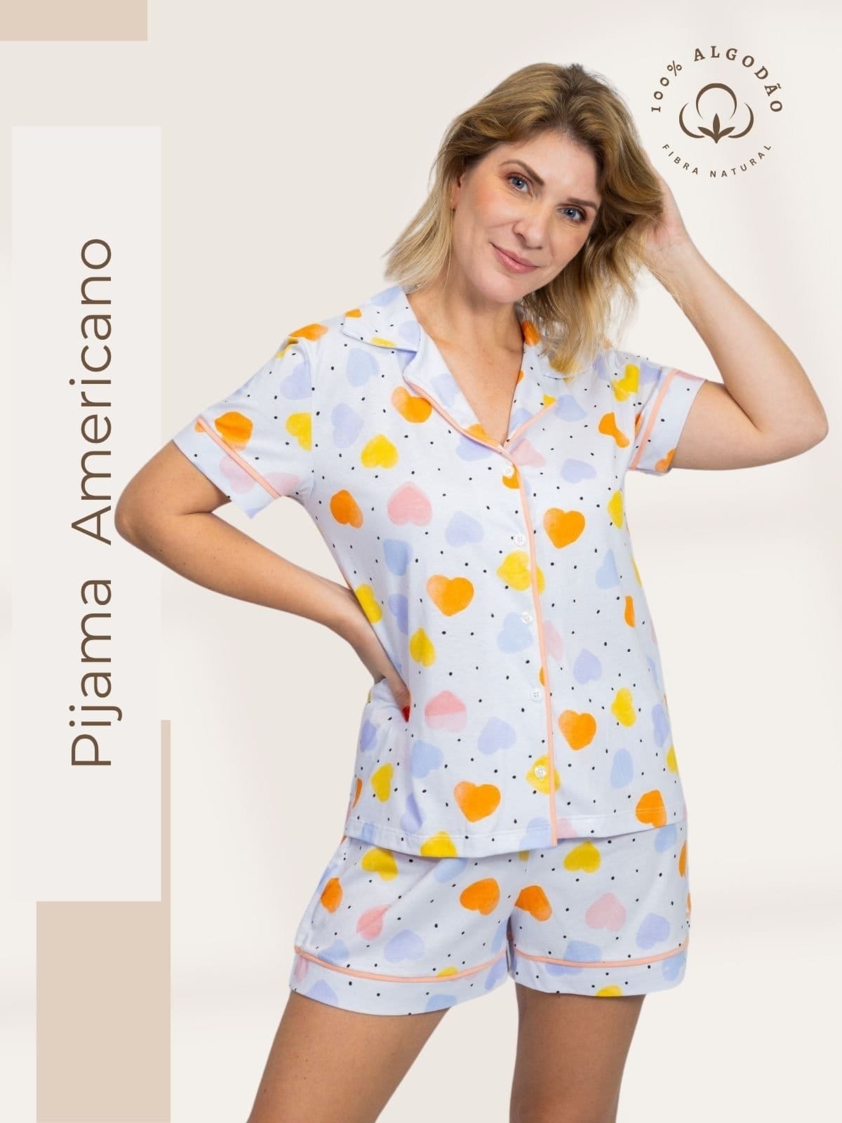 Pijama Algodão Americano Piante Manga Curta Corações Coloridos