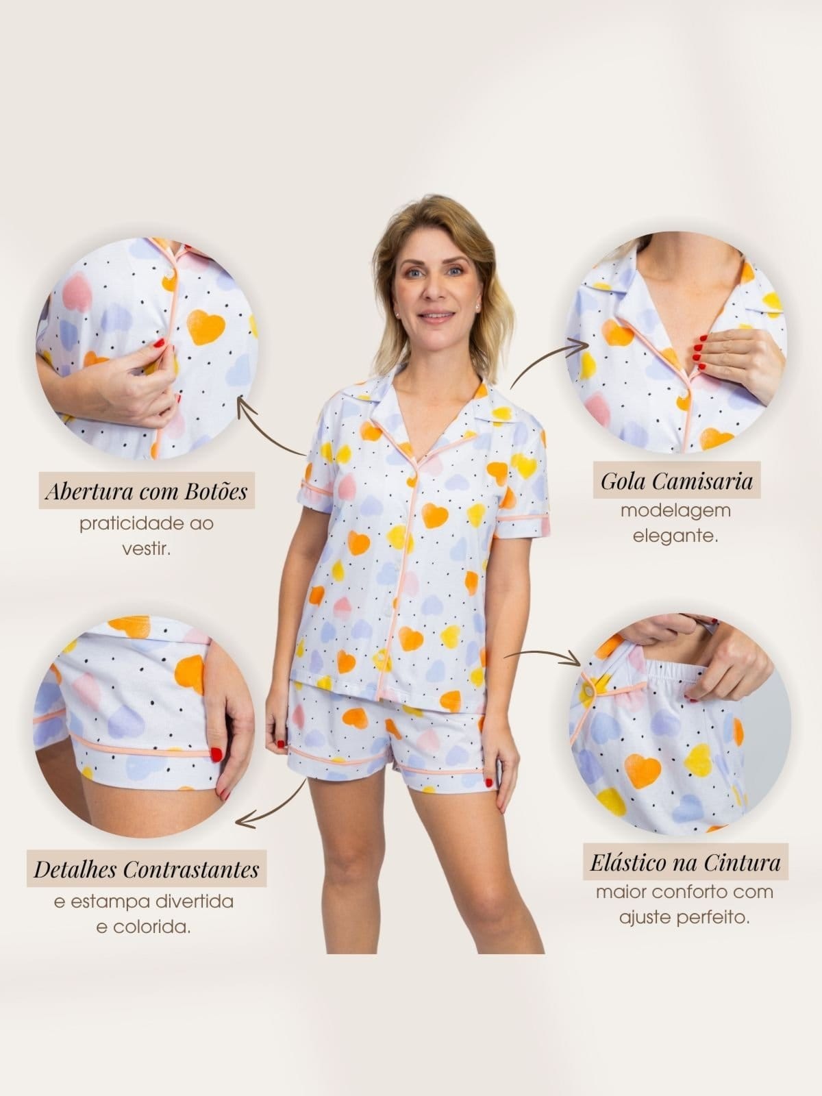 Vista 2 Pijama Algodão Americano Piante Manga Curta Corações Coloridos Piante branco