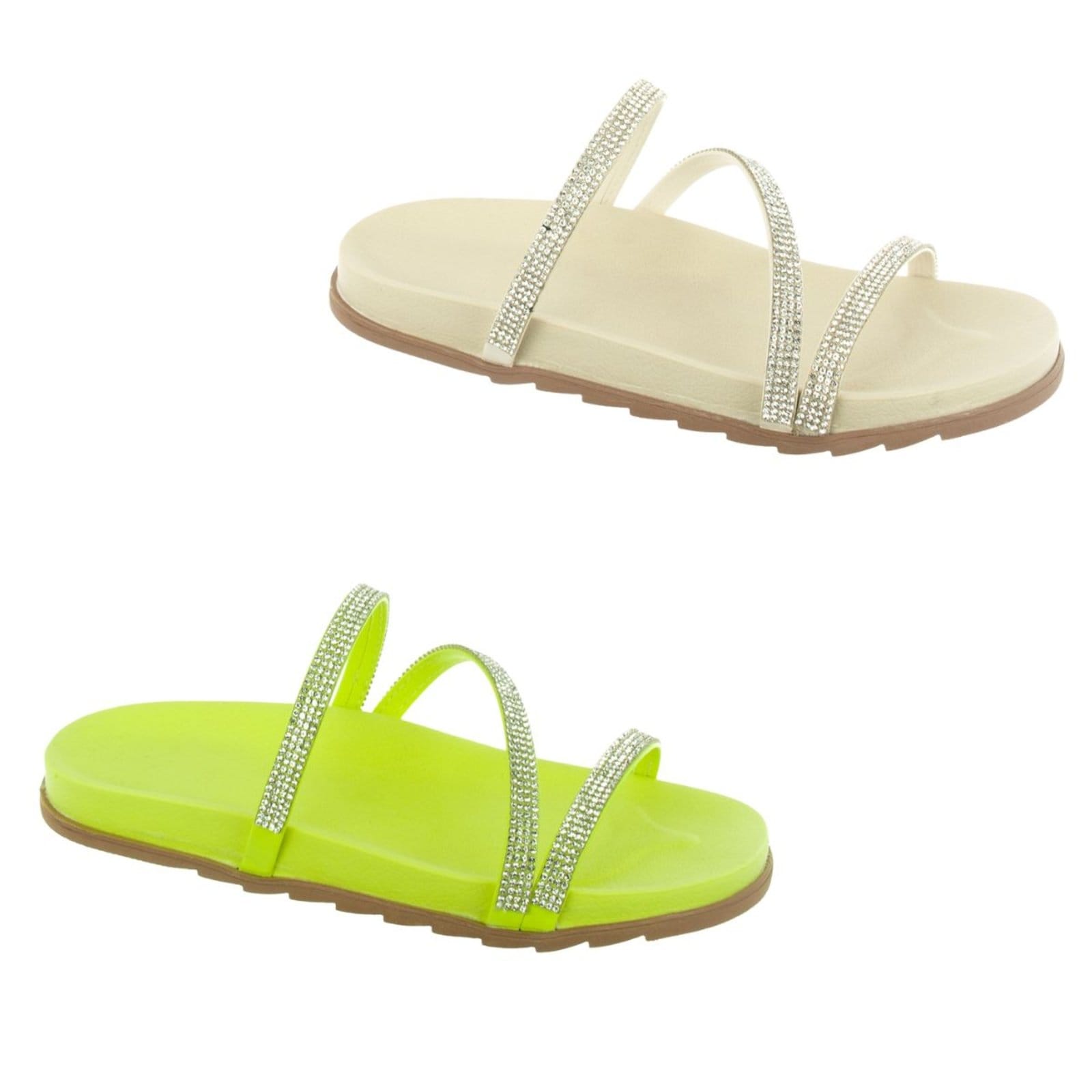 KIT 2 Sandália Birk feminina Rasteira Flat Strass Brilho Anatômico Via Angel 6302. Lemon e Off
