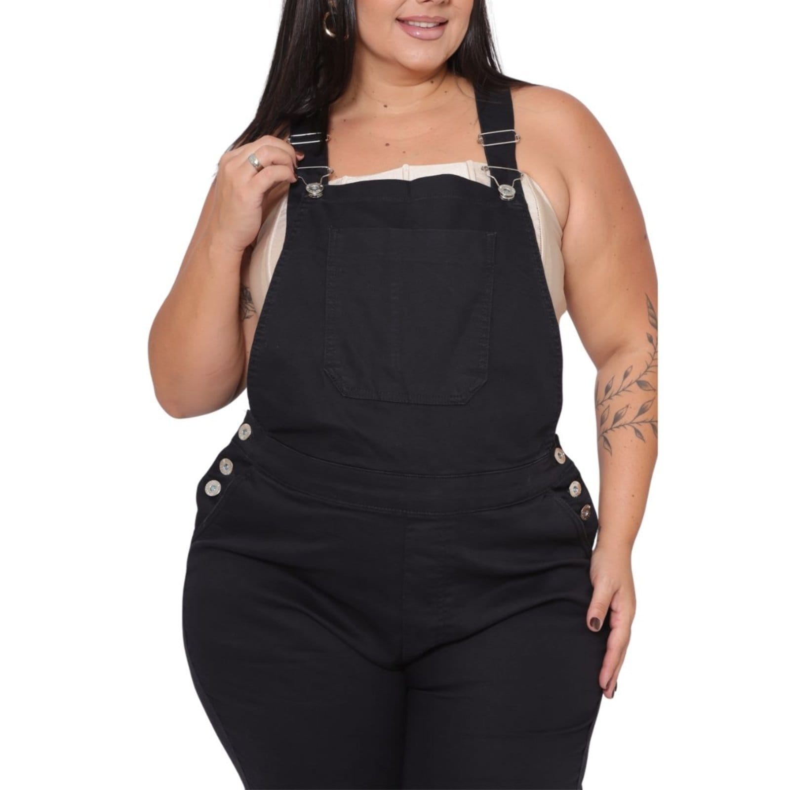 Vista 2 Macacão Curto Moda Feminina Na Sarja Alleppo Jeans preto