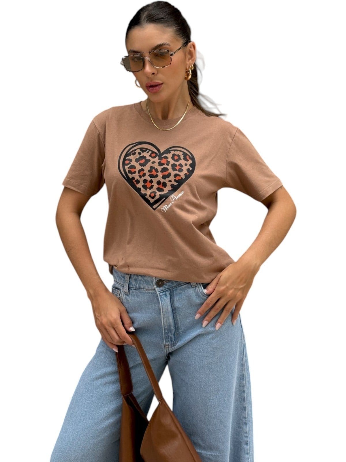 Vista principal Camiseta Cianitas Estampa Coração Animal Print Cianitas marrom