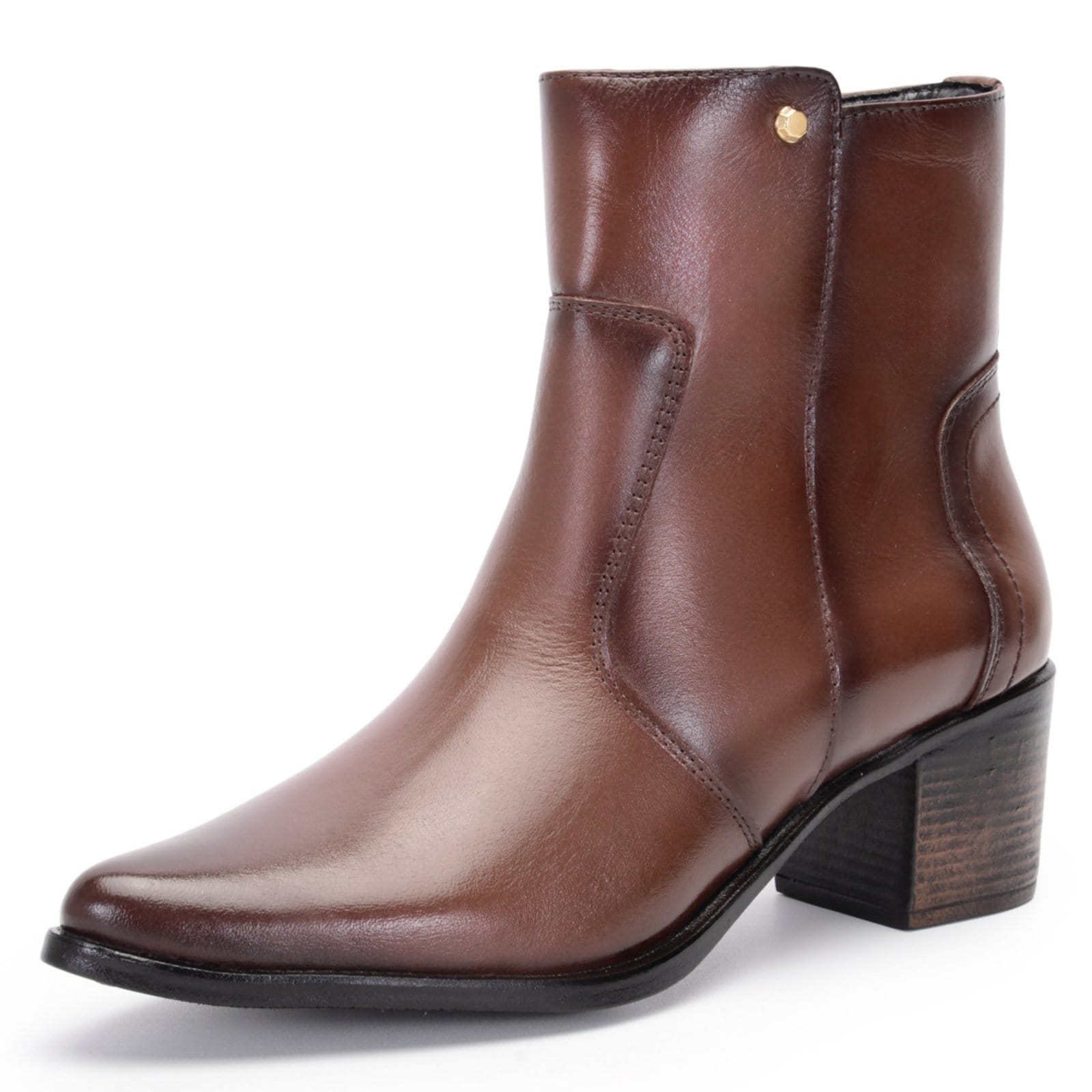 Vista principal Bota Feminina Ferrile Bico Fino Cano Curto Salto Bloco Café 5502 Ferrile marrom