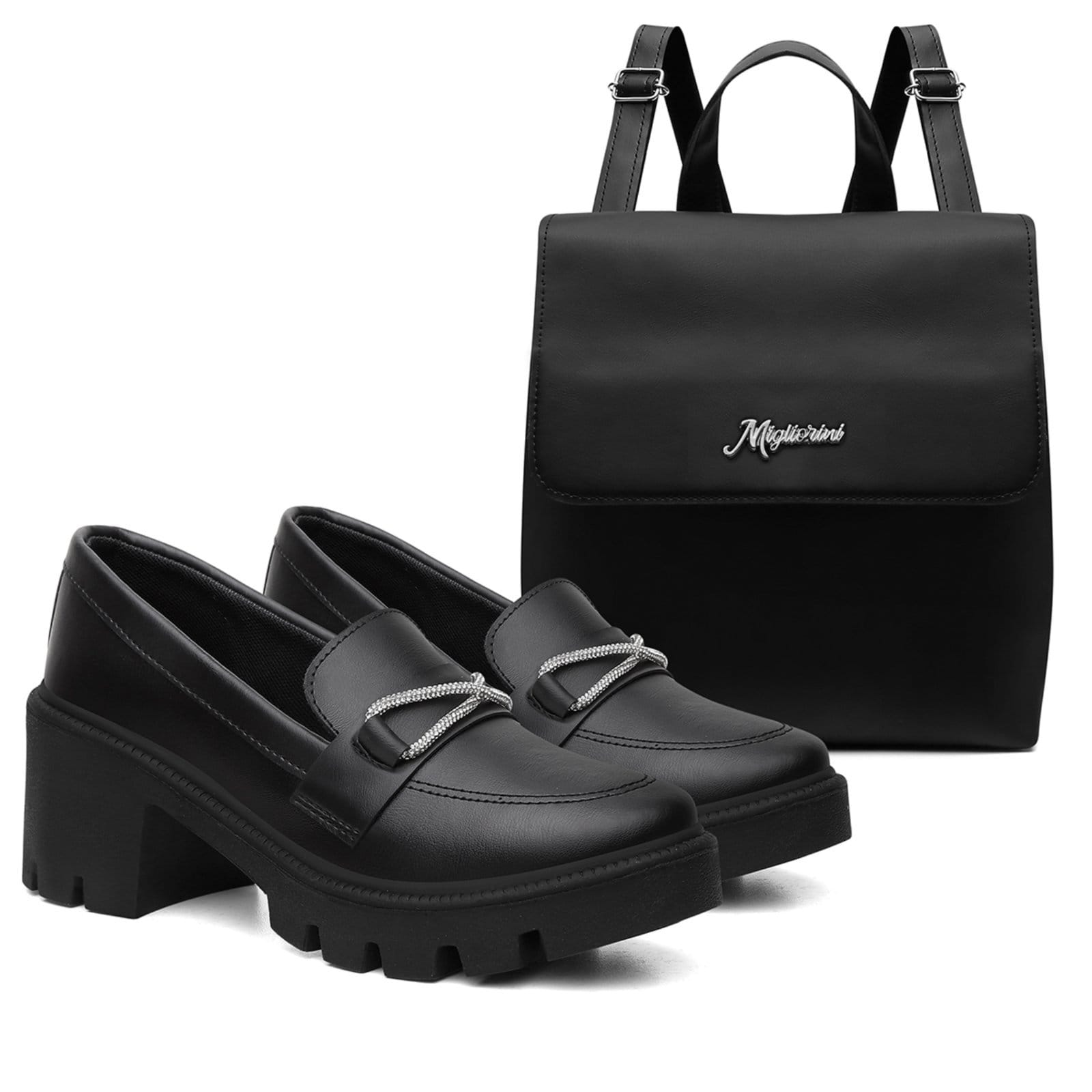 Kit Mocassim Brilho Feminino Tratorado Salto Médio + Mochila