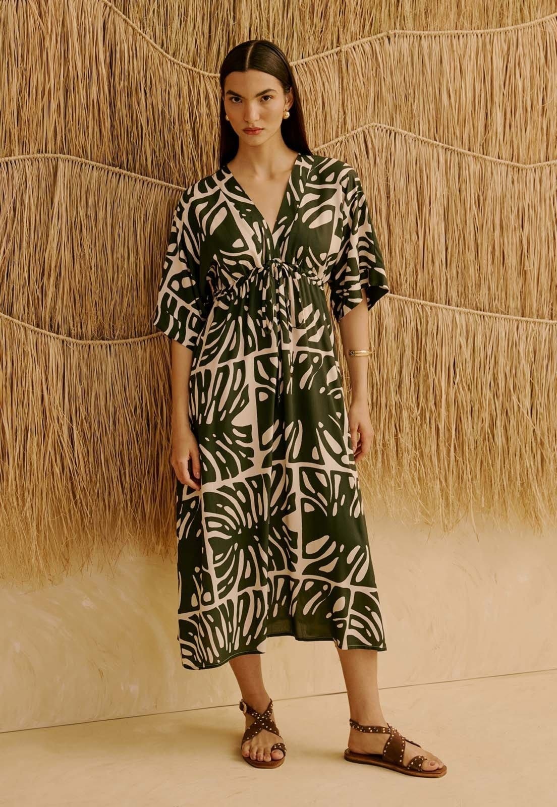 Vista principal Vestido Midi Túnel Estampado Totora CaCay verde