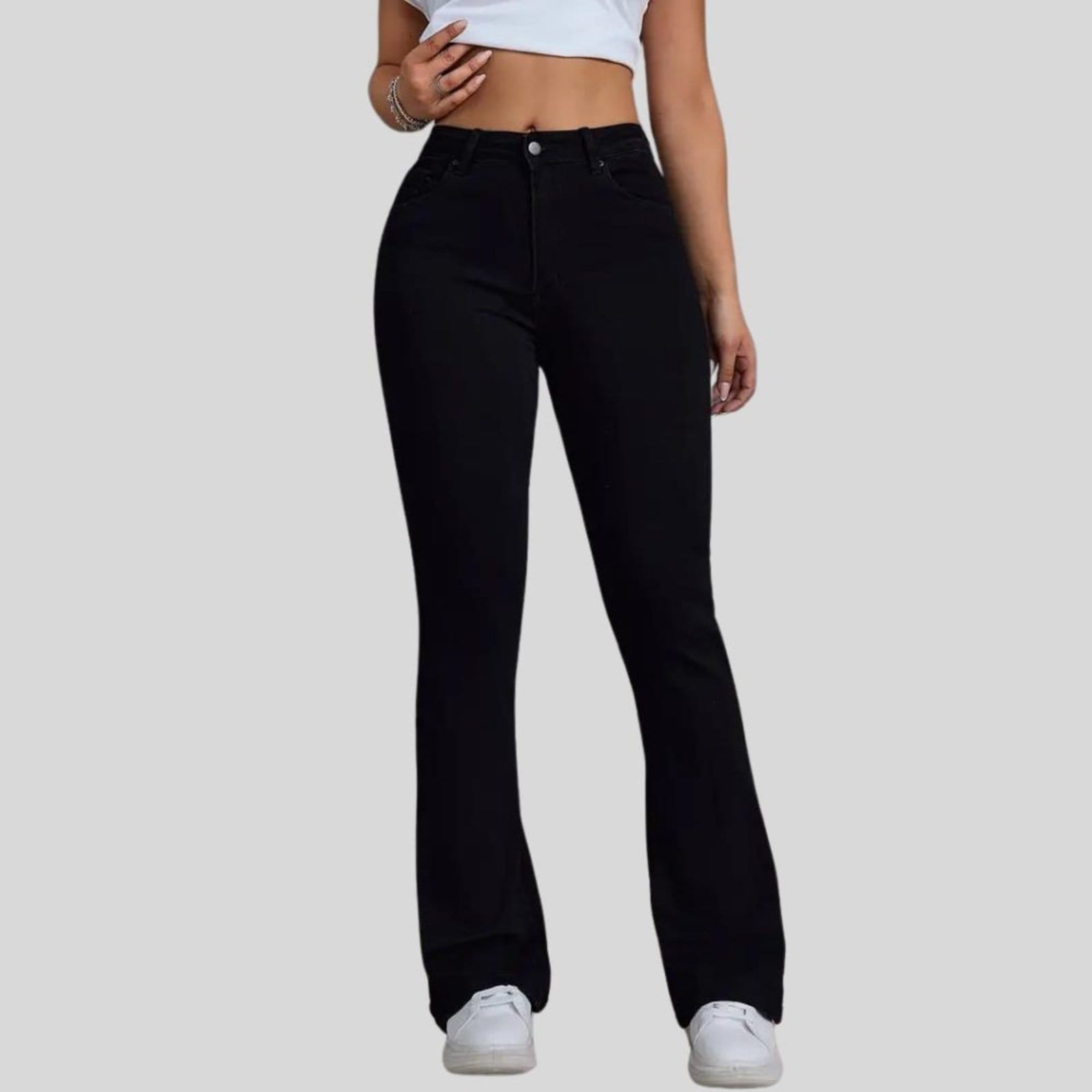 Vista 2 Kit 3 Calça Flare Jeans Feminina Tex Jeans Boca de Sino Cintura Alta Modeladora com Elastano Preta TEX JEANS preto