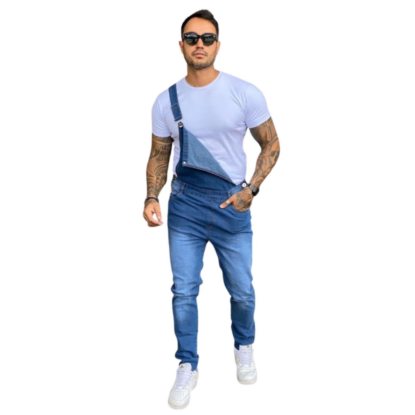 Vista principal Macacão Jardineira Moda Masculina Azul Claro Jeans Loka jeans azul