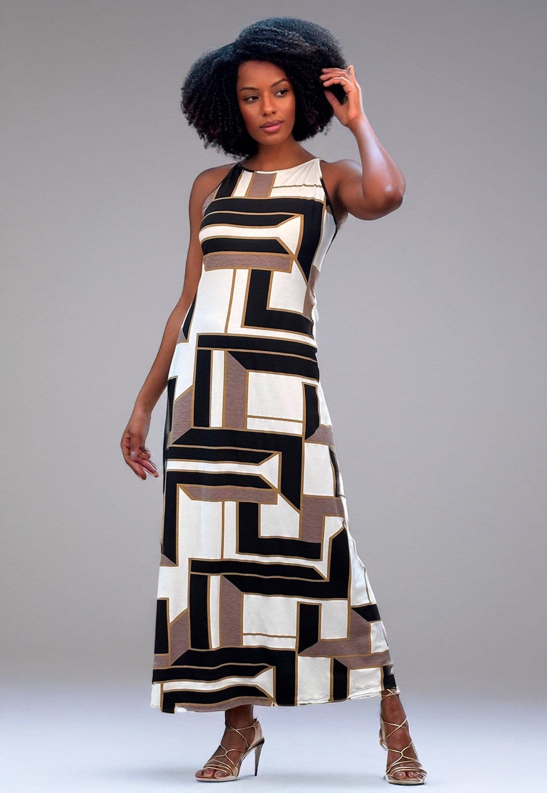 Vestido Longo Cabanafree Malha Trapézio Estampa Igaci