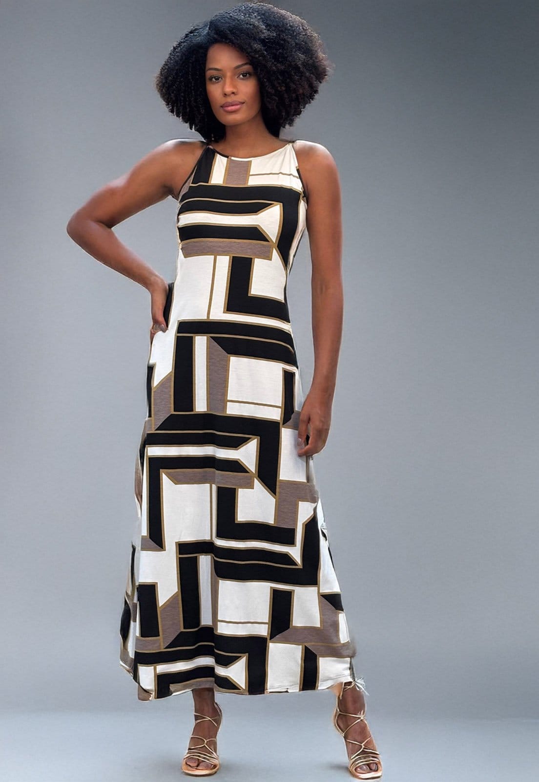 Vista 2 Vestido Longo Cabanafree Malha Trapézio Estampa Igaci Cabanafree estampado/marrom/preto