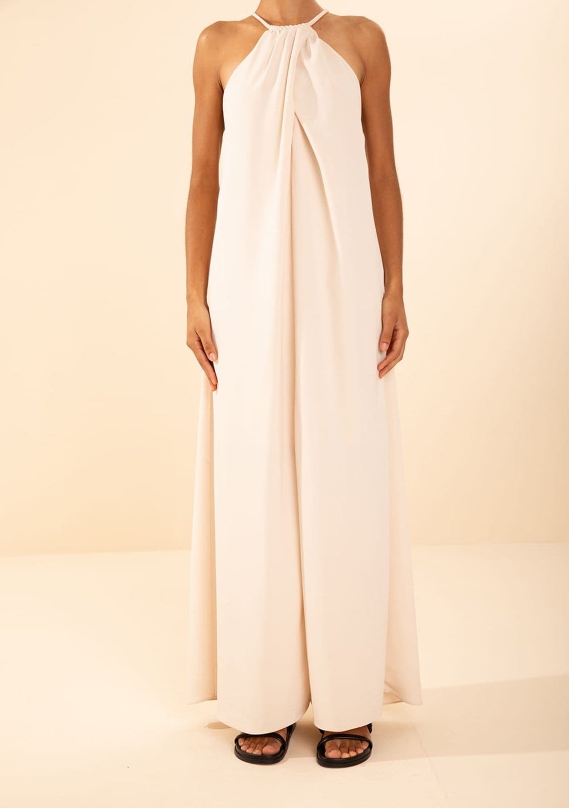 Vista 2 Vestido Morena Rosa Ajustado Decote V Sem Manga Midi Bege Morena Rosa bege rosa