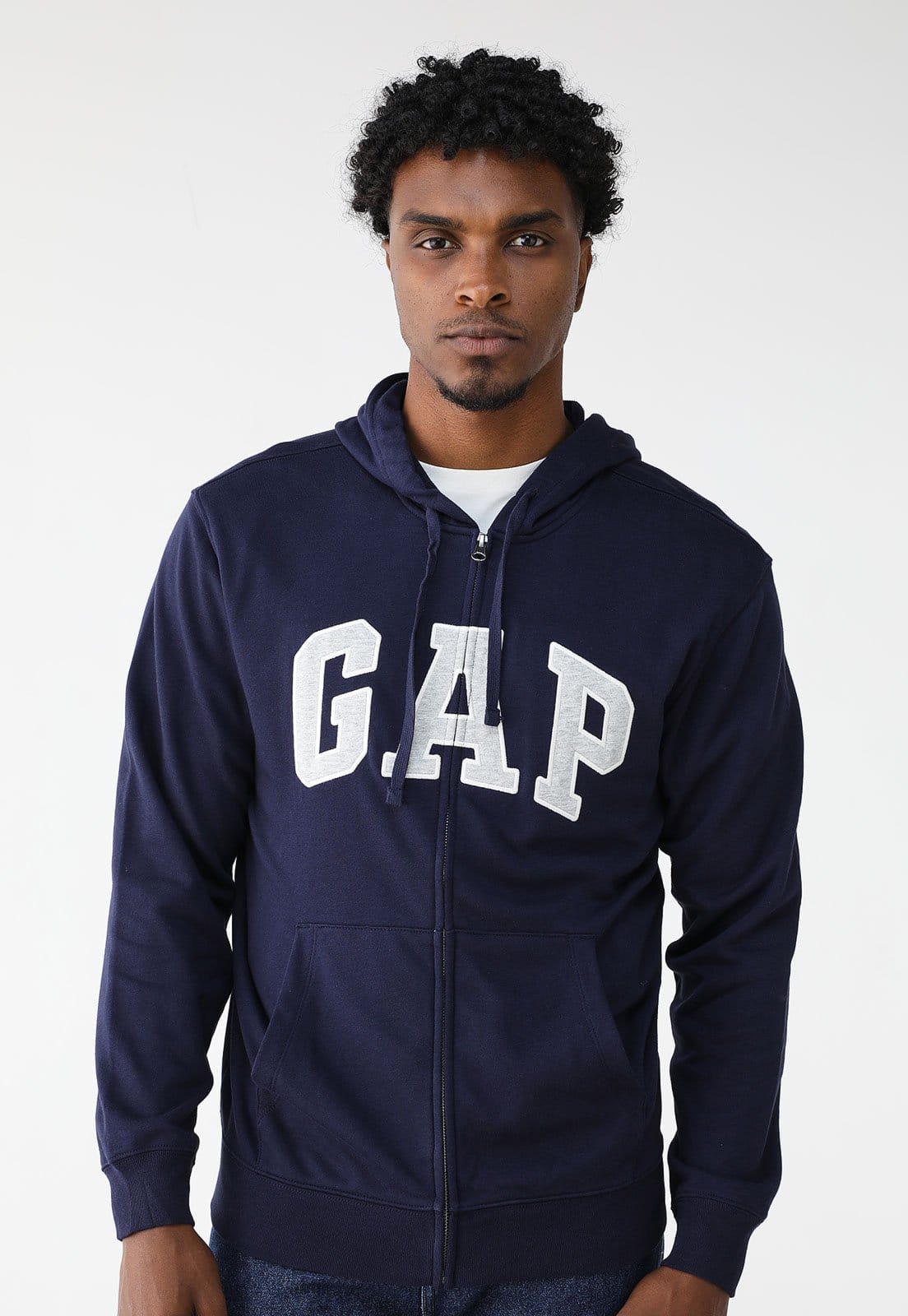 Blusa de Moletinho Aberta GAP Reta Logo Estampado Com Capuz Azul-Marinho