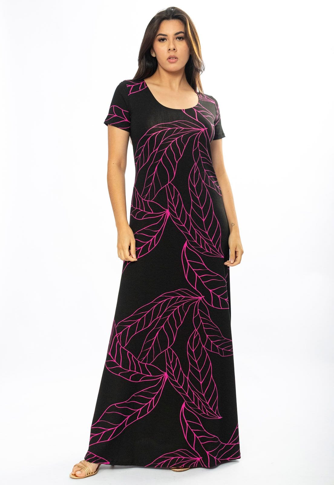 Vista 2 Vestido Longo Cabanafree Malha Gola Canoa Manga Curta Estampa Antúrios Cabanafree estampado/lilás/pink