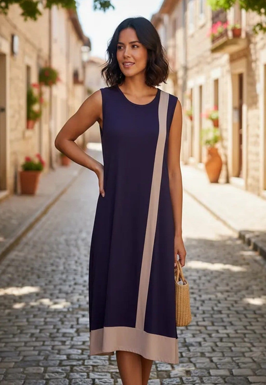 Vista 2 Vestido Malha Amazonia Vital Linha Areia Marinho Amazonia Vital azul marinho/bege