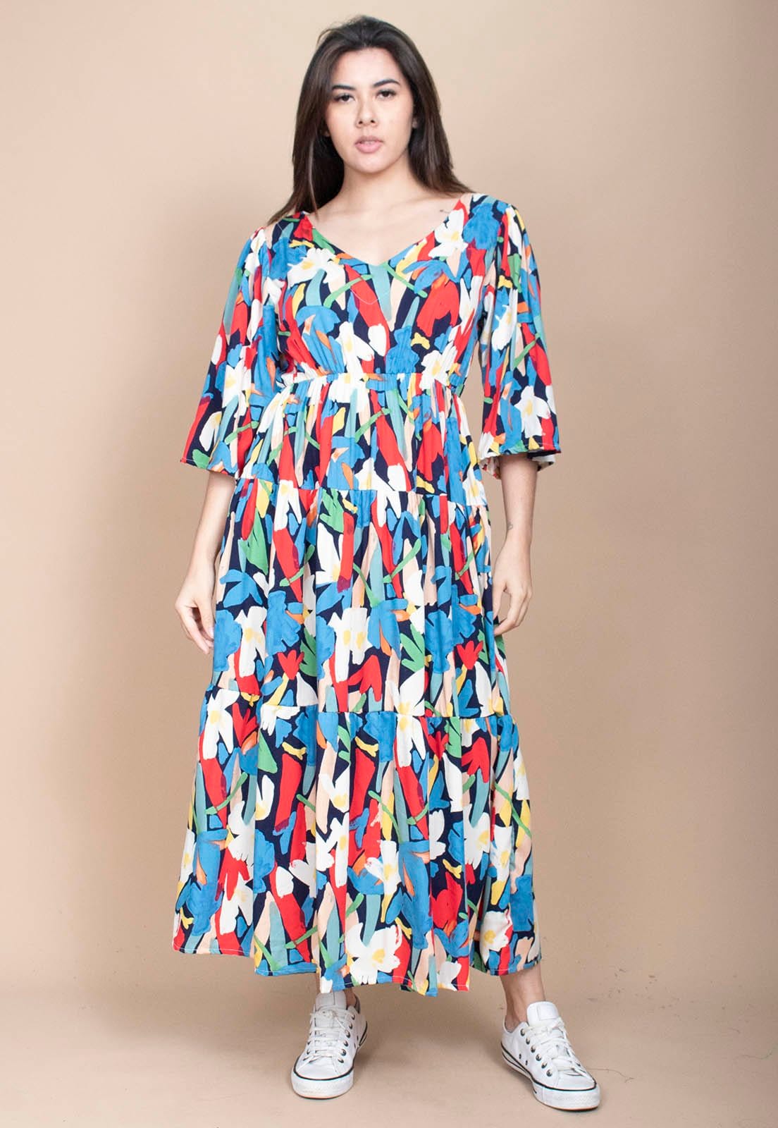 Vestido Longo Cabanafree Plano com Manga e Camadas Estampa Floresce