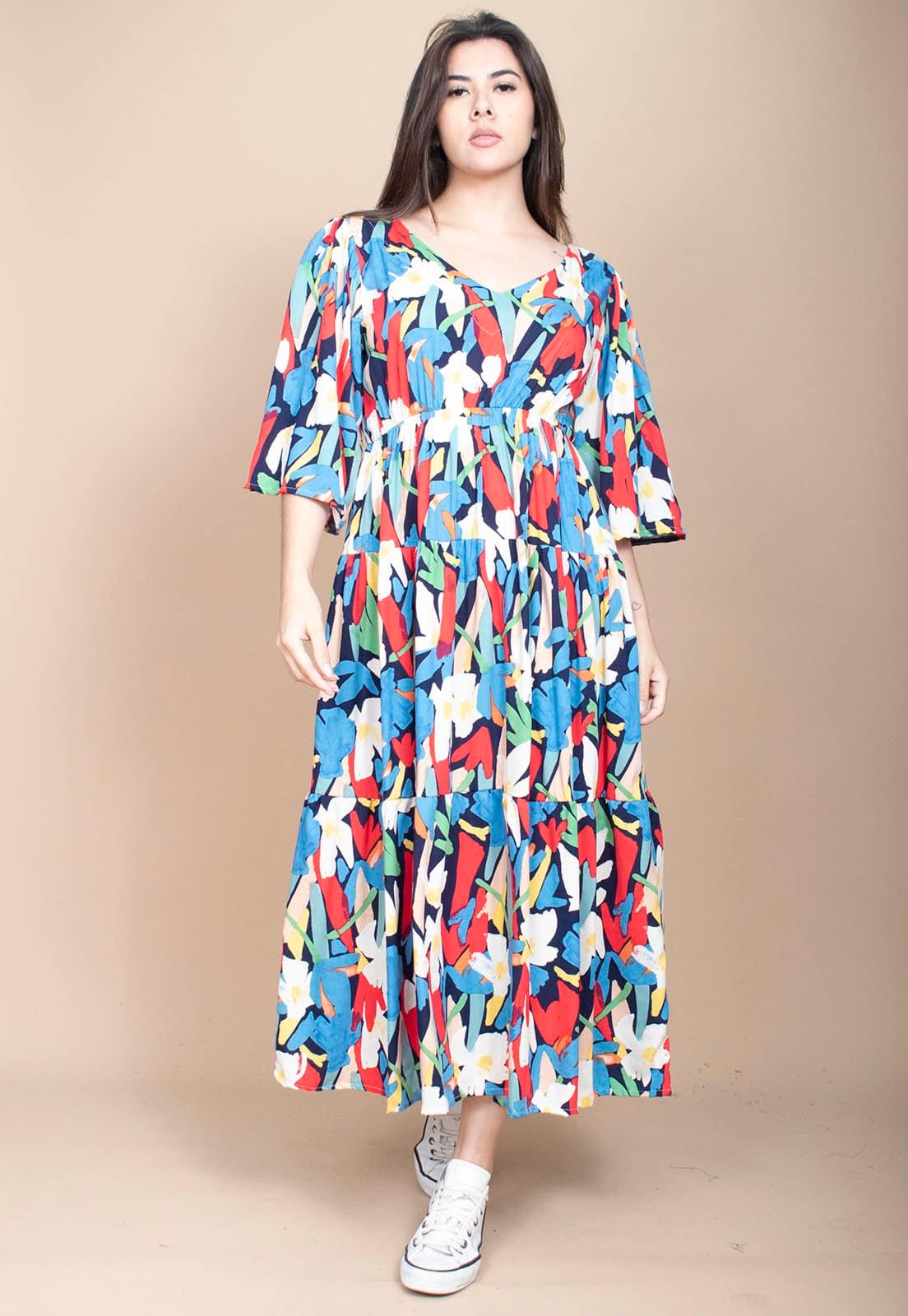 Vista 2 Vestido Longo Cabanafree Plano com Manga e Camadas Estampa Floresce Cabanafree amarelo/estampado/off-white/verde/vermelho