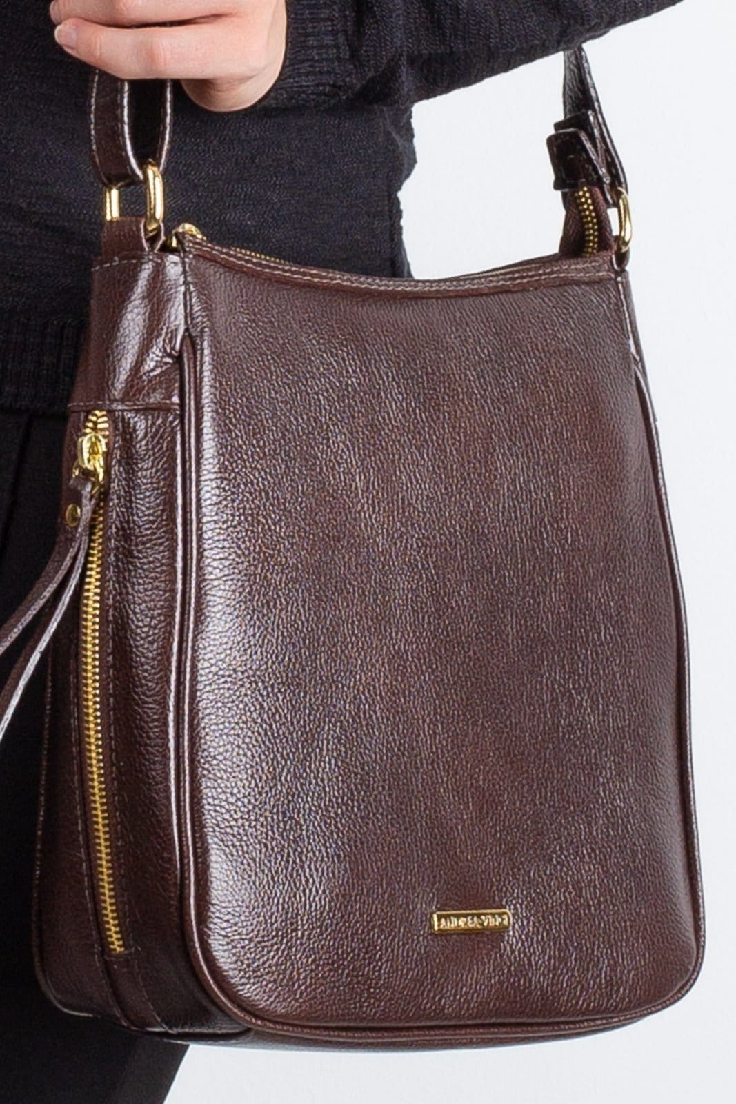 Bolsa tiracolo de couro liso Camila - Café