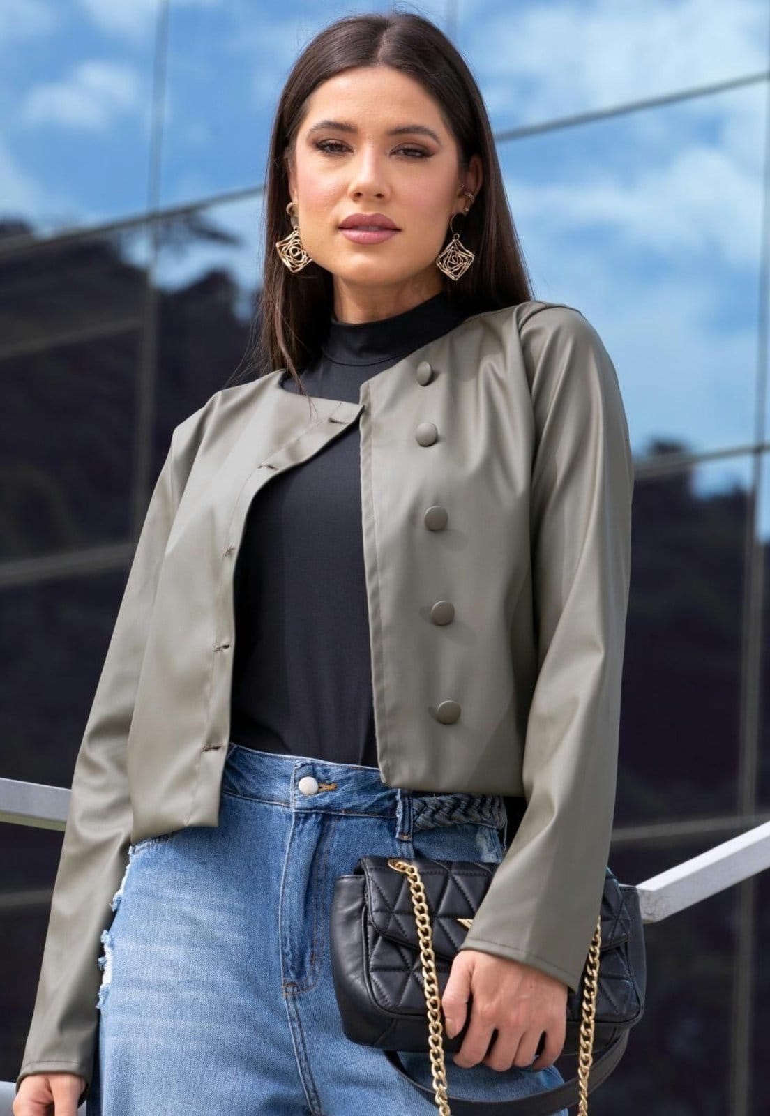 Vista principal Jaqueta Curta Em Material Sintético Quintess verde