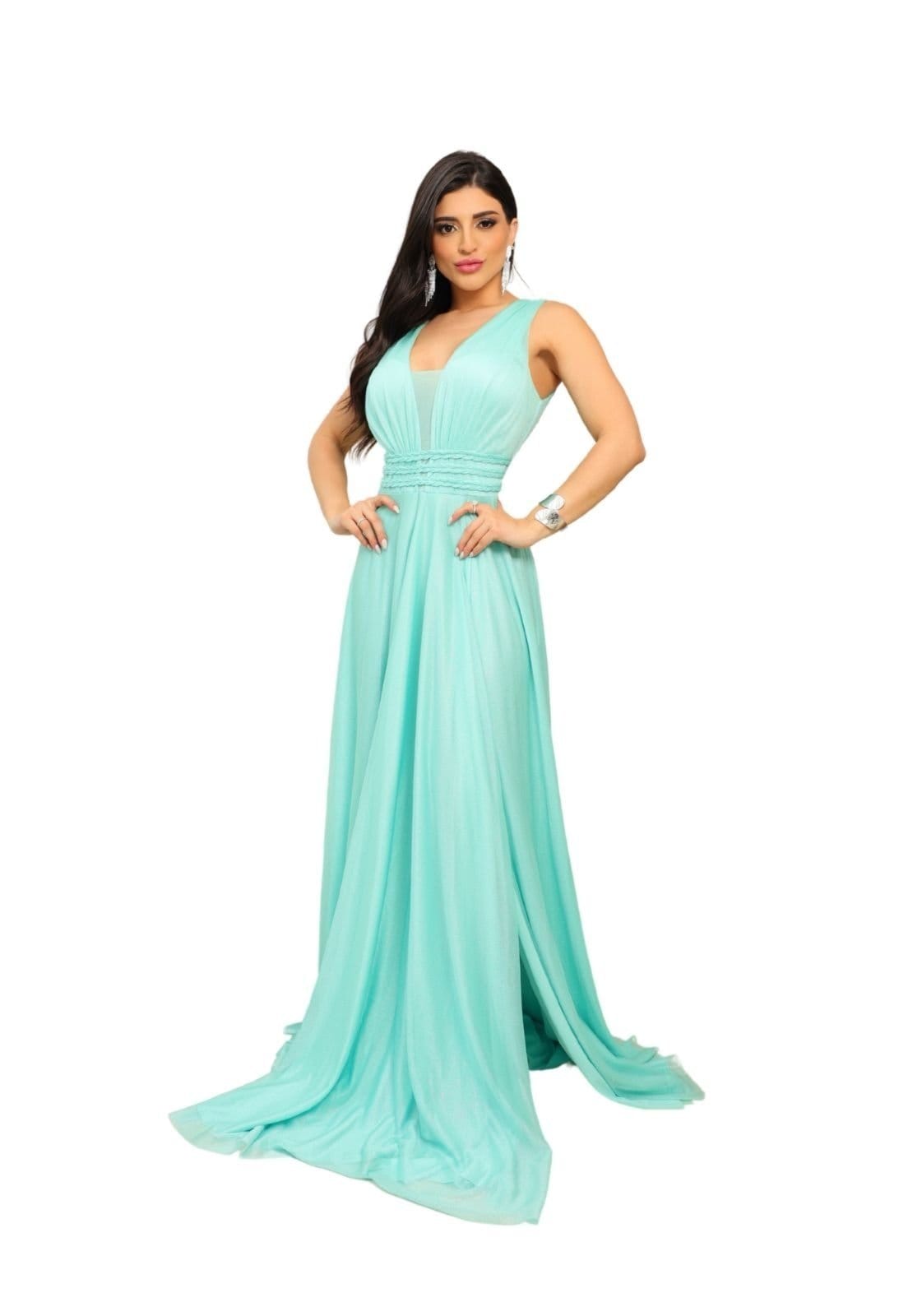 Vestido Longo de Festa Madrinhas Decote em V Micro tule com Brilho Felicia Menta