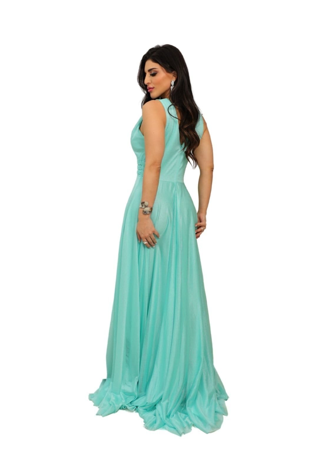 Vestido Longo de Festa Madrinhas Decote em V Micro tule com Brilho Felicia Menta - 2