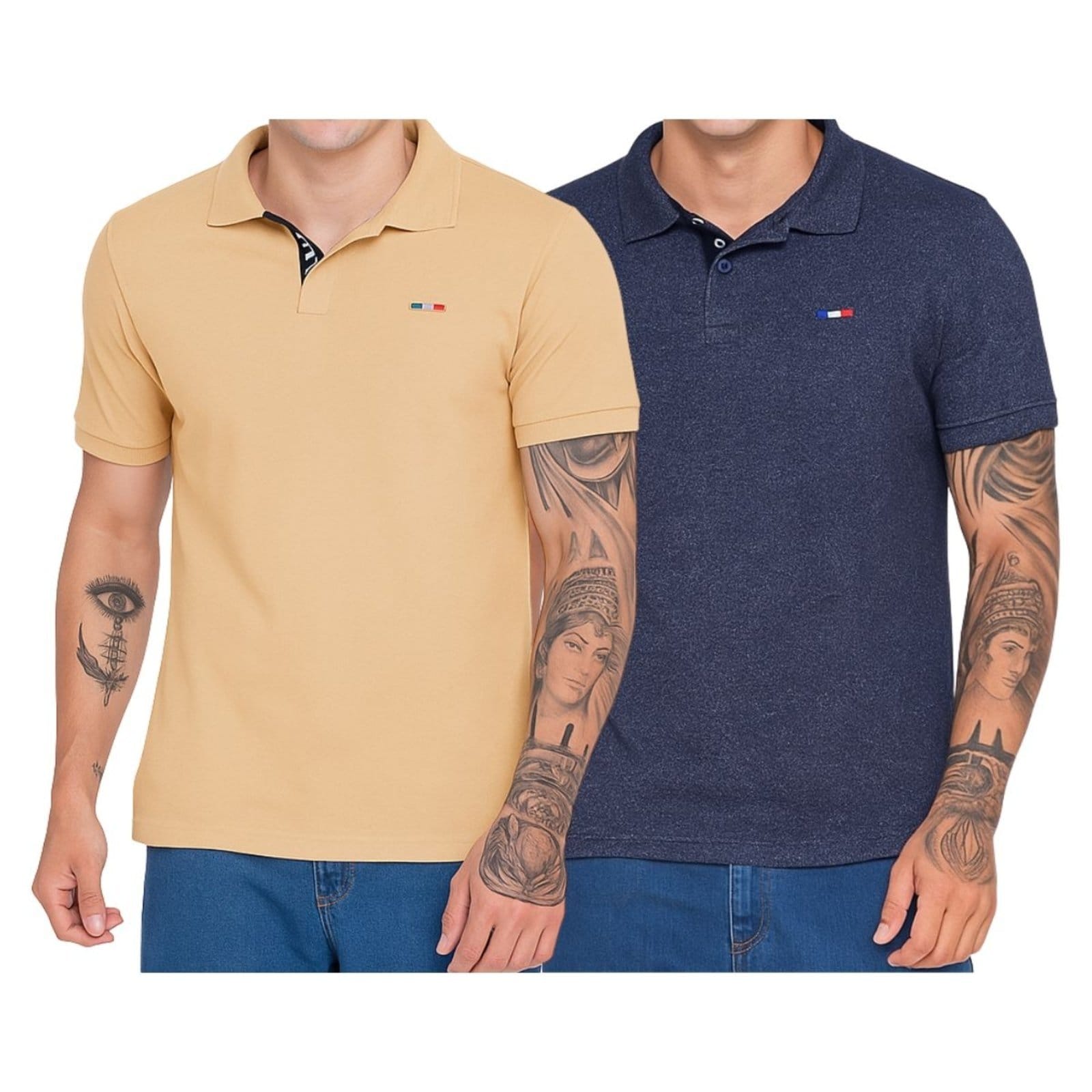 Kit 2 Polos Masculina Básicas FMF Jeans e Bege Claro Piquet no Estilo Tommy Bordado França