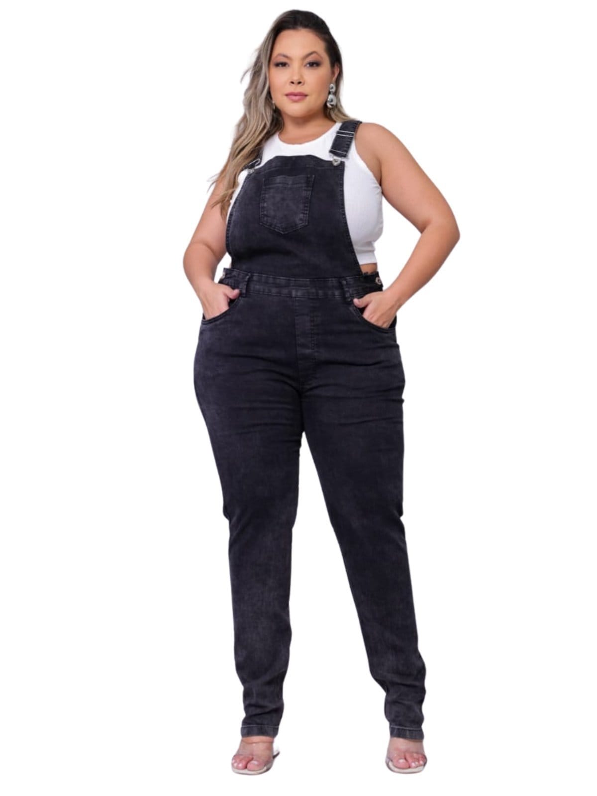 Vista 2 Macacão Jardineira Feminina Jeans Light Plus Size Preto Jeans JEANS LIGHT cinza