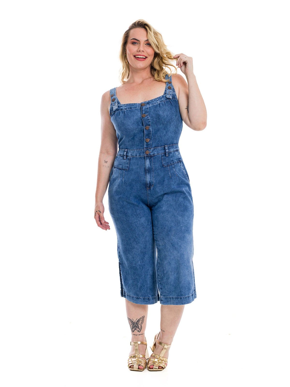 Vista 2 Macacão Pantacurt Restrito Jeans com Botões MÉDIO Restrito Jeans azul