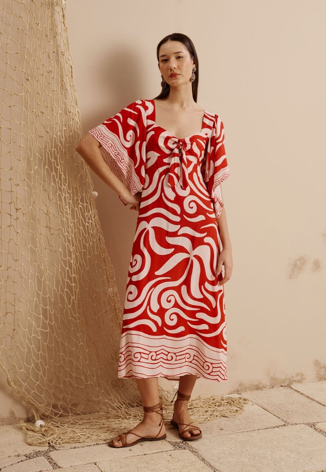 Vestido Midi Manga Decote Nó Estampado Pororoca