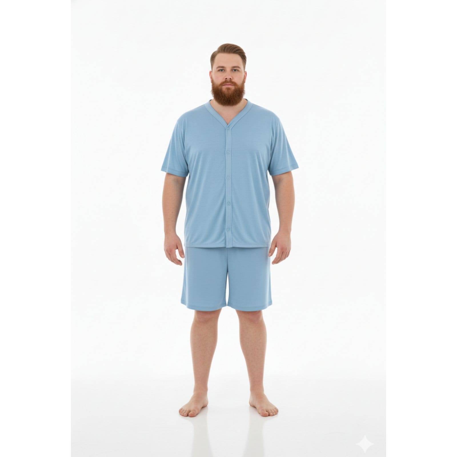 Pijama Americano Curto Masculino Aberto Plus Size Adulto Verão Calor Malha Fria Manga Curta G1 G2 G3 G4 50 52 54 Conforto Botão Abotoado Homen Mechler Claro Celeste