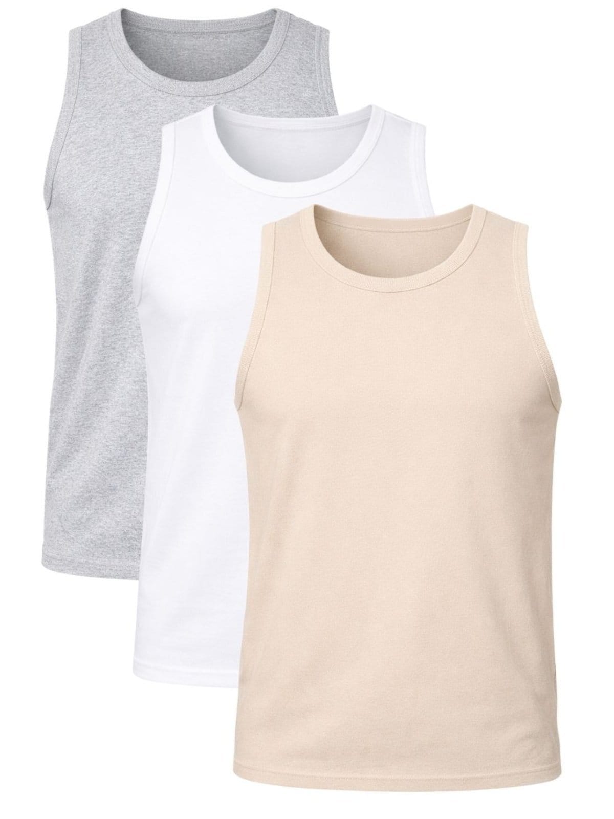 Vista 2 kit 3 Regatas Masculina Caneladas Básicas em Ribana Preta, Branca e Areia Crocker - 50737 Crocker multicolorido