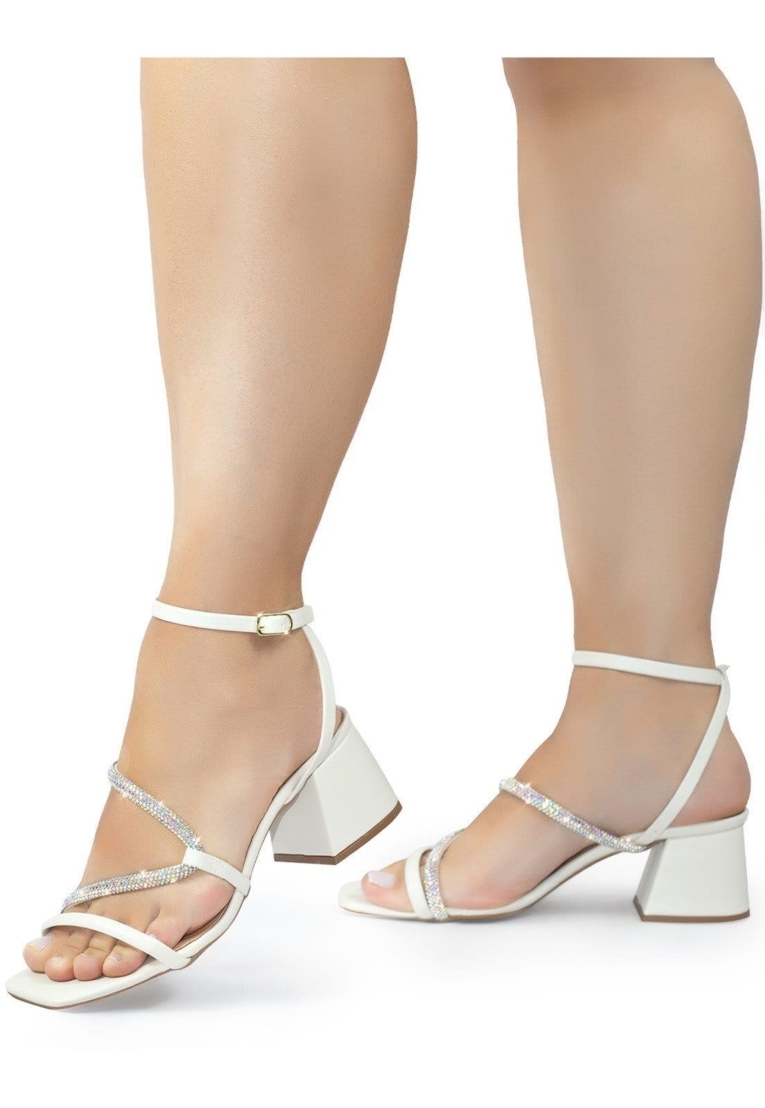 Vista 2 Sandália Feminina Strass Brilho Lumiss Salto Bloco Baixo Confortável Off White LUMISS off-white white