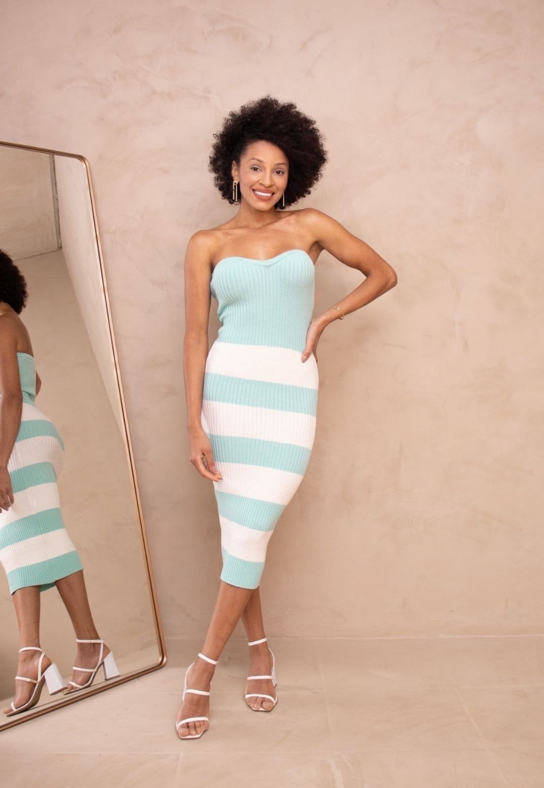 Vestido Tomara que Caia Tricot Midi Tubinho Sereia Listras Sensual Pauli