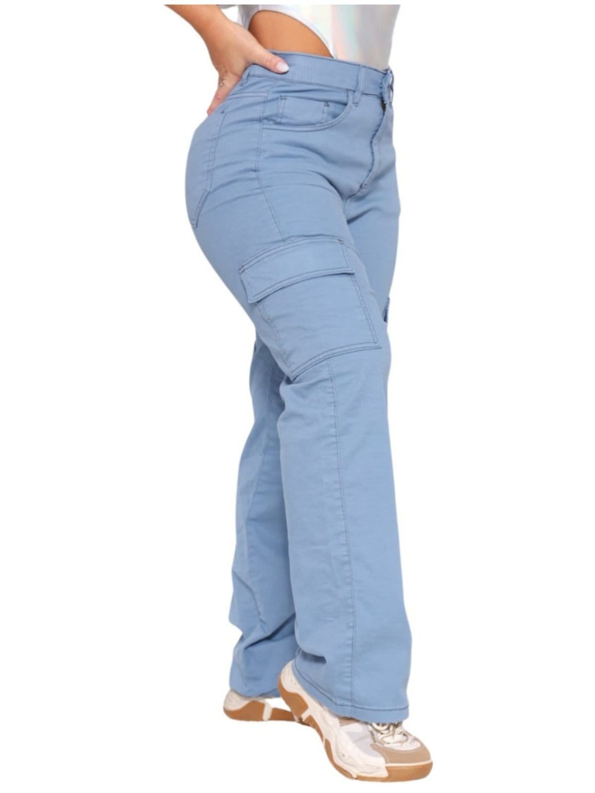 Vista 2 Calça Feminina Cargo Sarja Jeans Loka Jeans Loka azul
